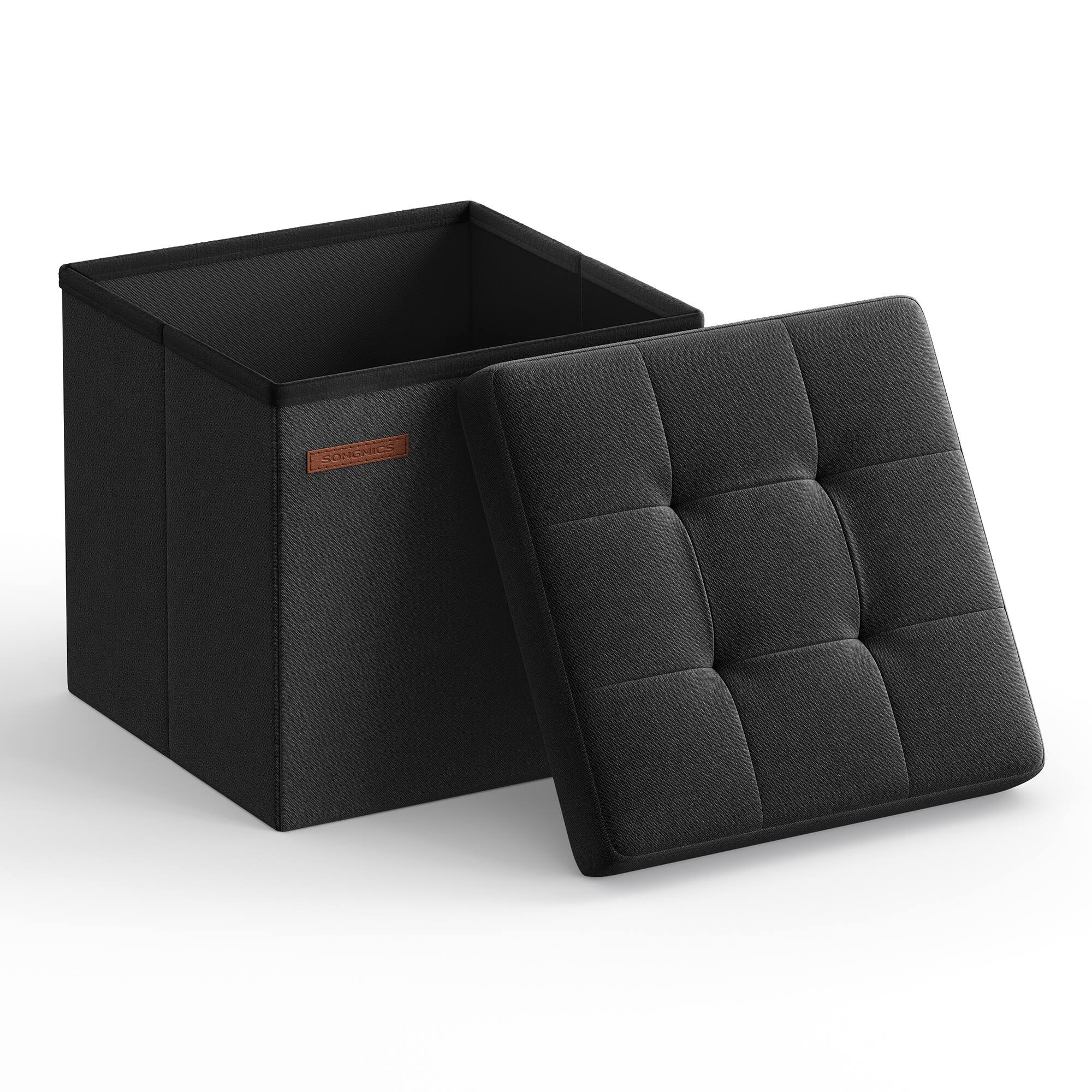 Front. Songmics Home - Storage Ottoman, Foldable Small Ottoman Foot Rest, 11.8 Inches Foot Stool, Cube Ottoman with Storage, Load up to 286 lb - Ink Black.