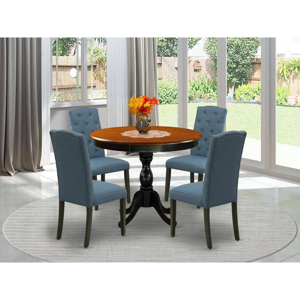 Angle. East West Furniture - East West Furniture 5-Piece Wooden Dining Set Consists of a Wood Kitchen Table and 4 Blue Linen Fabric Parson Chairs - Multi-Color.