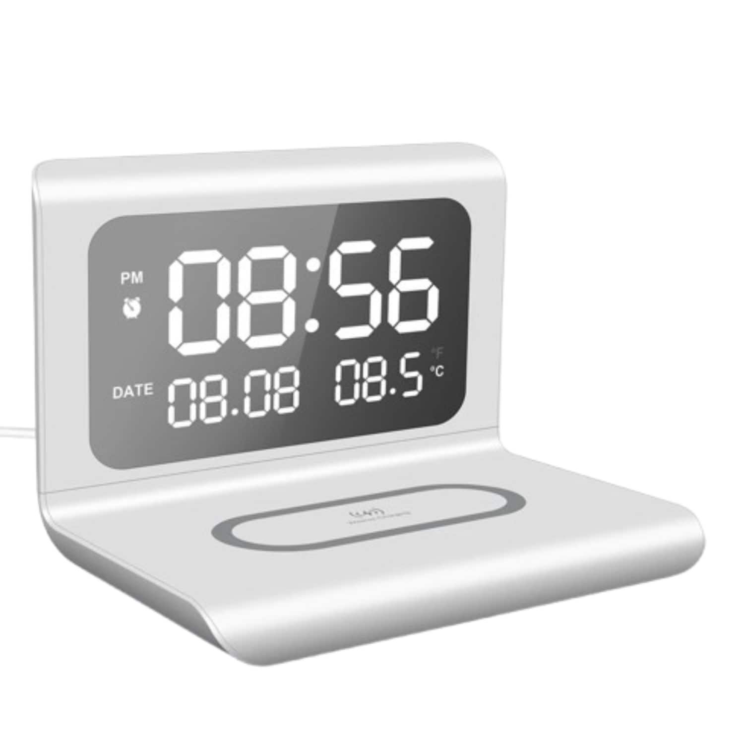 Stock Preferred - Multifunction Digital Alarm Clock with 15W Wireless Charger, Temperature Display & Date - White