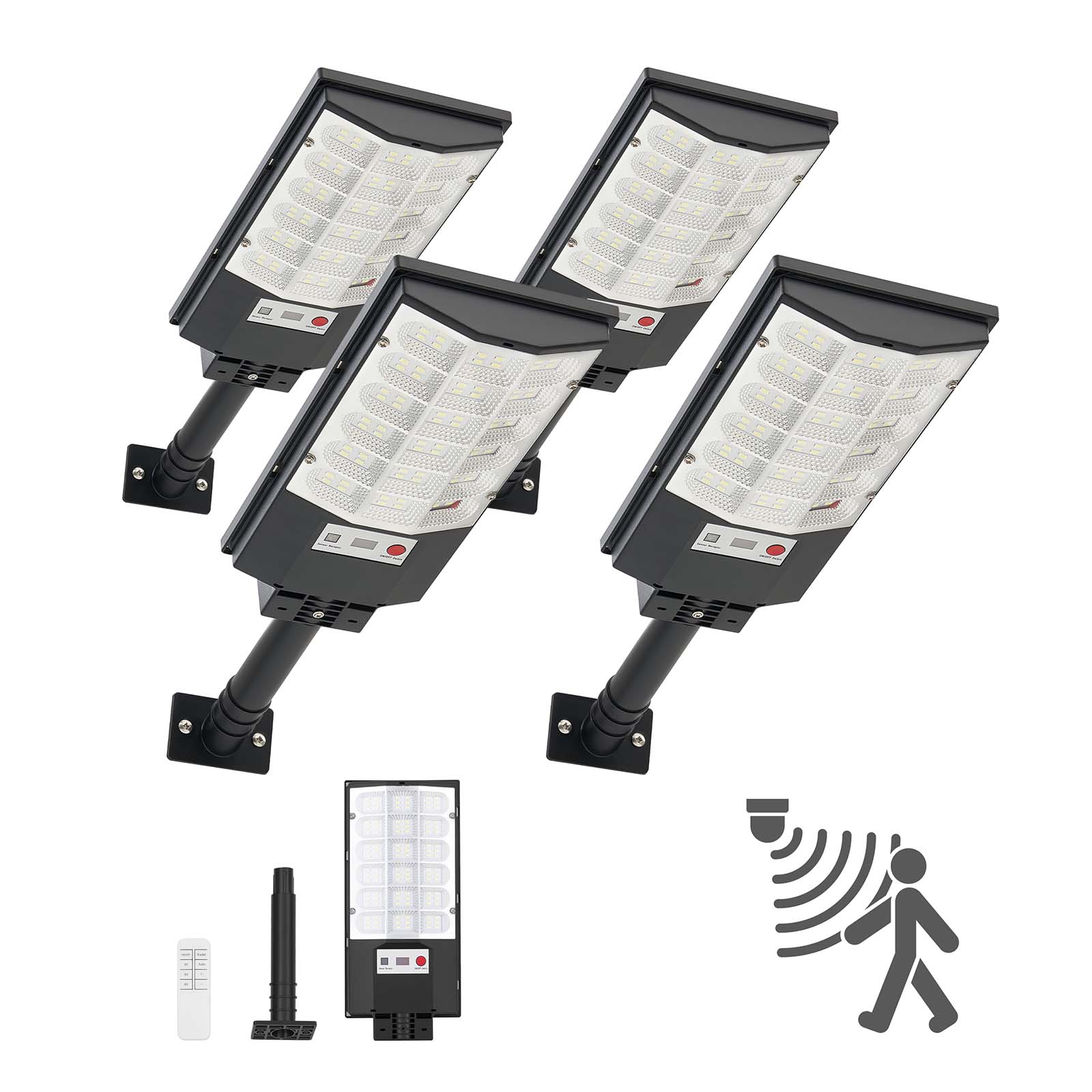 Front. VEVOR - 4 Pack 500W Solar Street Lights Outdoor, 50000LM, Commercial Parking Lot Lights Dusk to Dawn, LED Flood Security Lamp - Black.