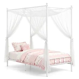 Costway - Twin Size Metal Canopy Bed Frame with Headboard & Footboard Metal Slat Support - White