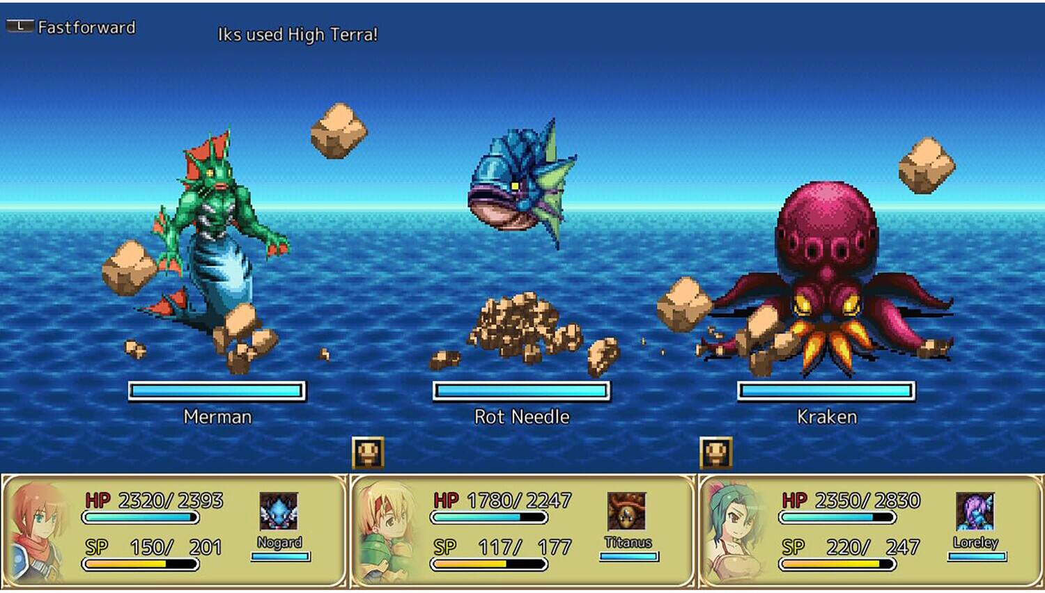 Fastforward  
Iks used High Terra!  

Merman  
HP 2320/2393  
SP 150/201  

Rot Needle  
HP 1780/2247  
SP 117/177  

Kraken  
HP 2350/2830  
SP 220/247  

Nogard  
Loreley