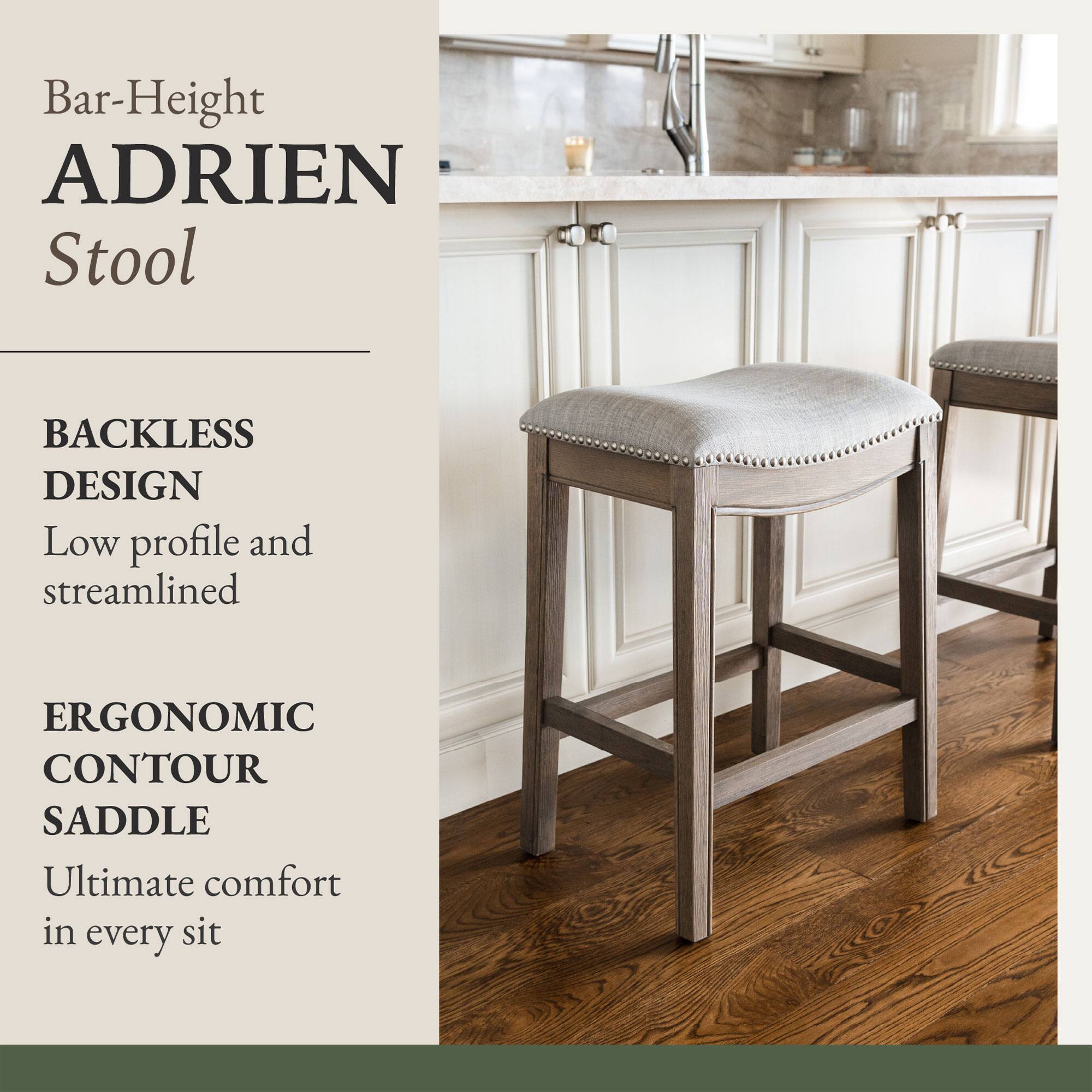 Bar-Height ADRIEN Stool

BACKLESS DESIGN  
Low profile and streamlined

ERGONOMIC CONTOUR SADDLE  
Ultimate comfort in every sit