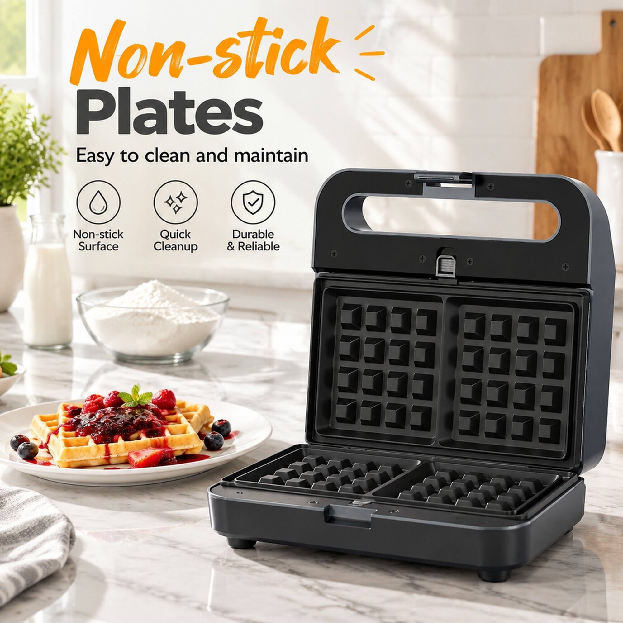 Non-stick Plates  
Easy to clean and maintain  
Non-stick Quick Surface Cleanup  
Durable & Reliable
