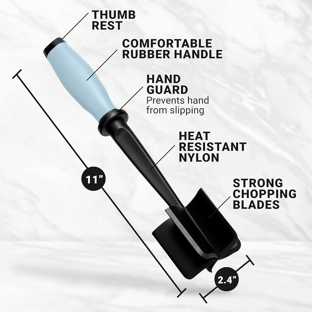 - Thumb Rest
- Comfortable Rubber Handle
- Hand Guard: Prevents hand from slipping
- Heat Resistant Nylon
- 11"
- Strong Chopping Blades
- 2.4"