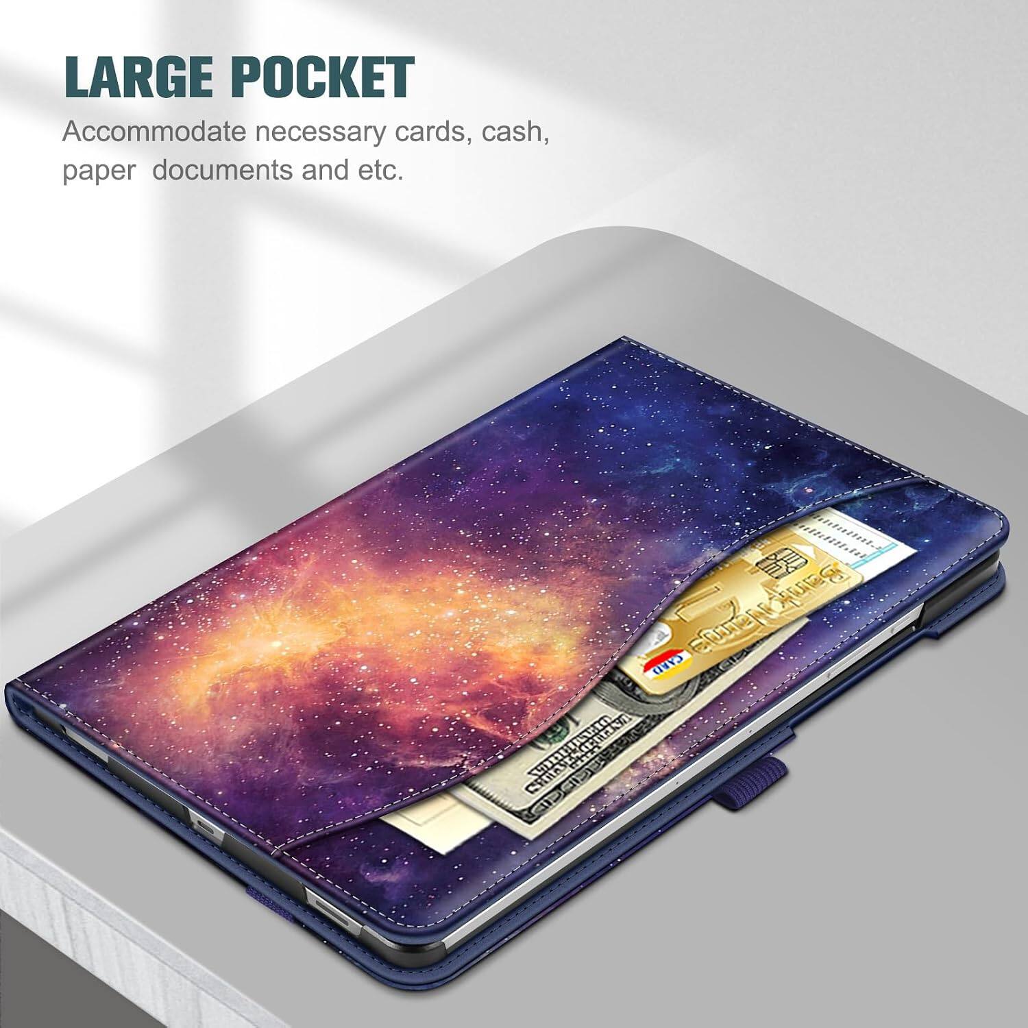 LARGE POCKET  
Accommodate necessary cards, cash, paper documents and etc.