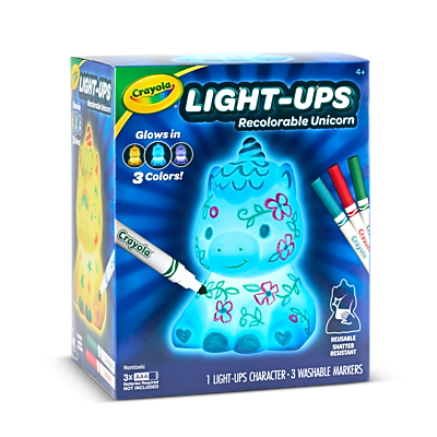 LIGHT-UPS  
Crayola  
Recolorable Unicorn  
Glows in 3 Colors!  

Crayola  
Crayola Croysia Cravo Nontoxic  

1 LIGHT-UPS CHARACTER - 3 WASHABLE MARKERS  

REUSABLE SHATTER RESISTANT  
3x BATTERIES INCLUDED  

North America  
3x AAA BATTERIES INCLUDED  

4+