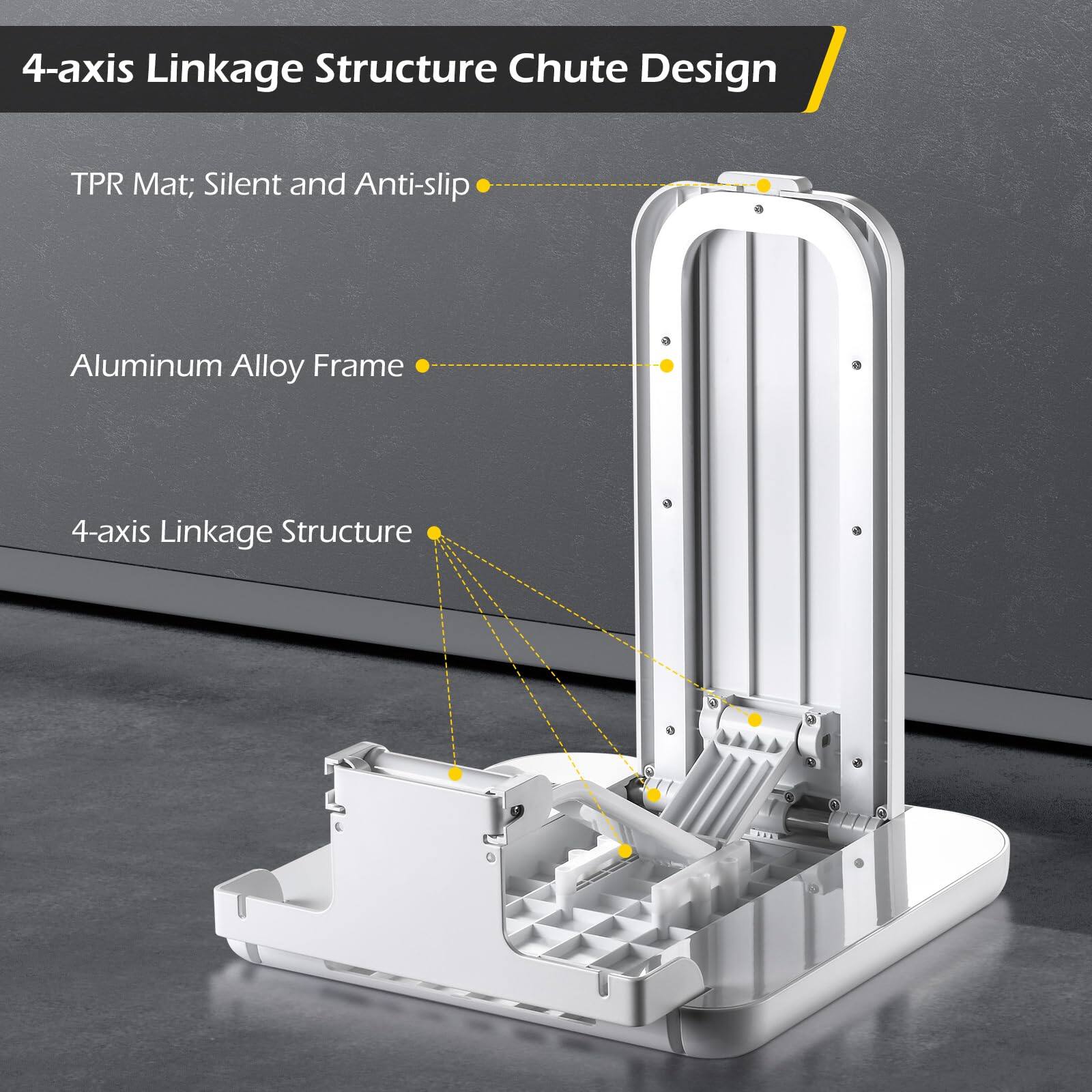 4-axis Linkage Structure Chute Design

- TPR Mat; Silent and Anti-slip
- Aluminum Alloy Frame
- 4-axis Linkage Structure