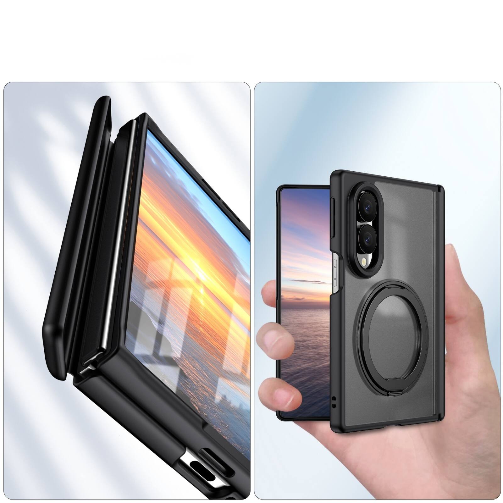 Left. Dteck - Shockproof Case for Samsung Galaxy Z Fold8 with Ring Stand, Magnetic PC Cover Built in Screen Film and Hinge Protection - Black.
