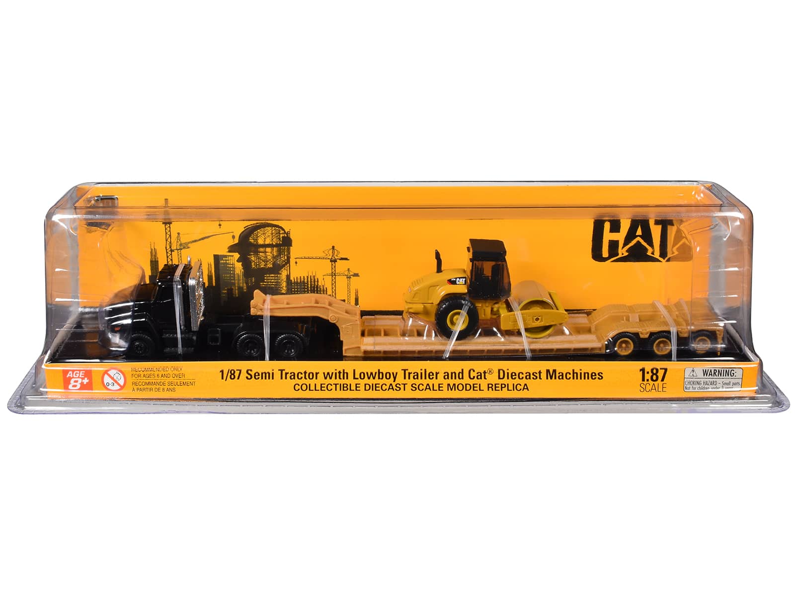 Kenworth T880 Tractor Black with Lowboy Trailer and CAT Roller Yellow 1/87 (HO) Diecast Model by Diecast Masters - Black/Yellow