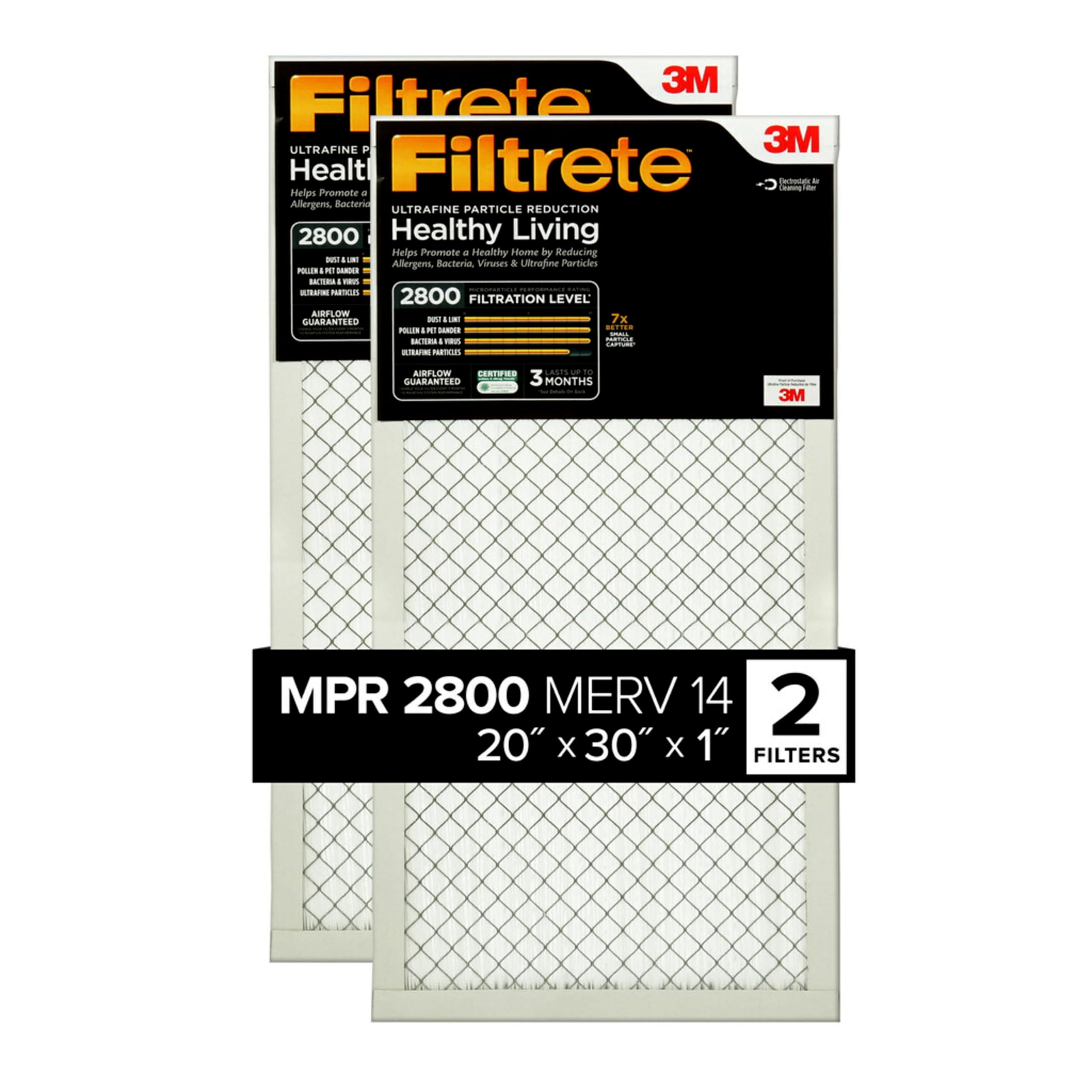 3M Filtrete ULTRAFINE P 3M Health Filtrete - Helps Promote Healthy Living by Reducing Allergens, Bacteria, Viruses & Ultrafine Particles - ULTRAFINE PARTICLE REDUCTION - 2800 FILTRATION LEVEL - AIRFLOW GUARANTEED - 7x FILTRATION - 3 MONTHS - 3M MPR 2800 MERV 14 - 20" X 30" X 1" FILTERS