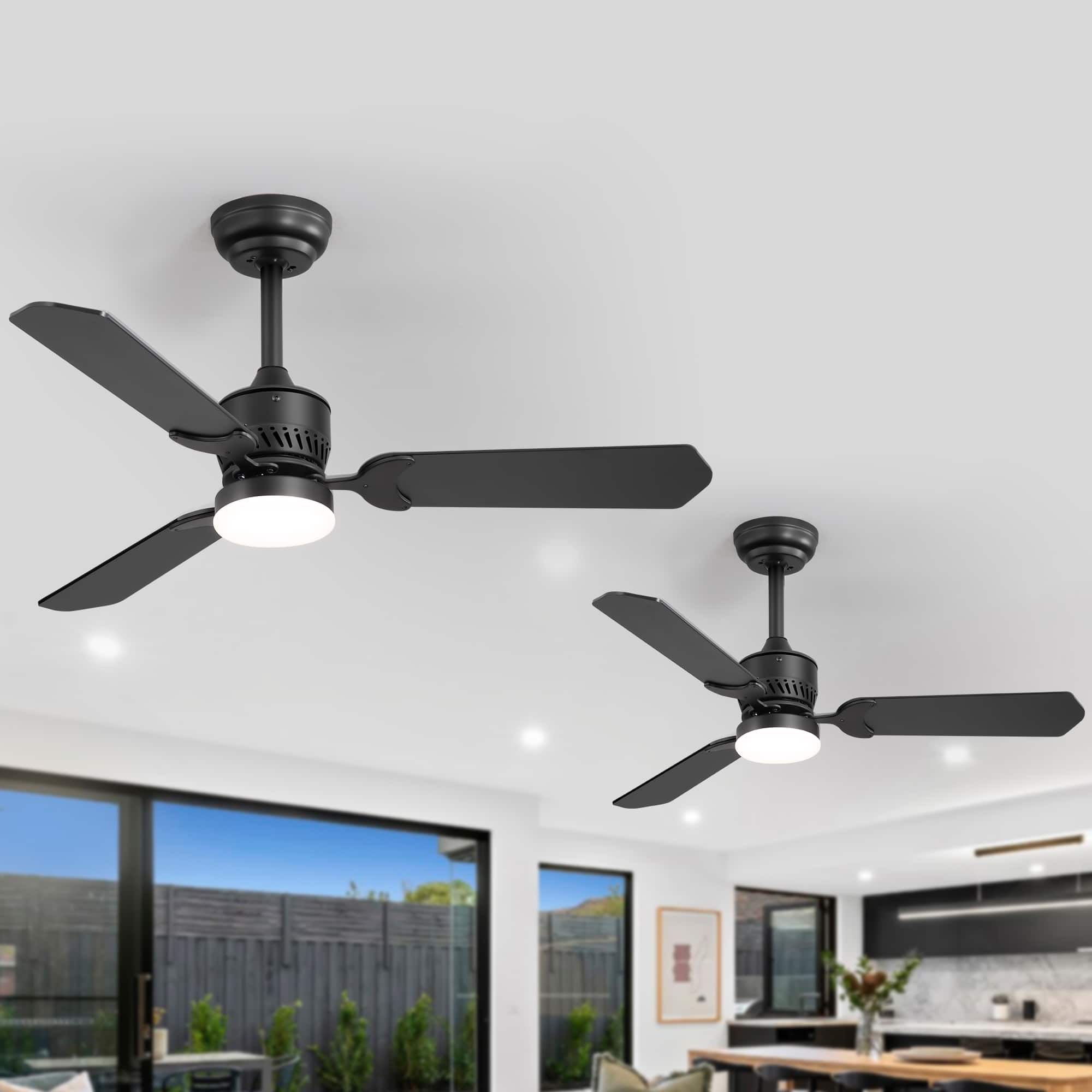 Front. Breezary - 42-In Traditional 2-Pack Ceiling Fan, 3 Plywood Blades, 2 Downrods, 6-Speed DC Motor, Remote Control and Timer - Matte Black and Deep Wood Grain.