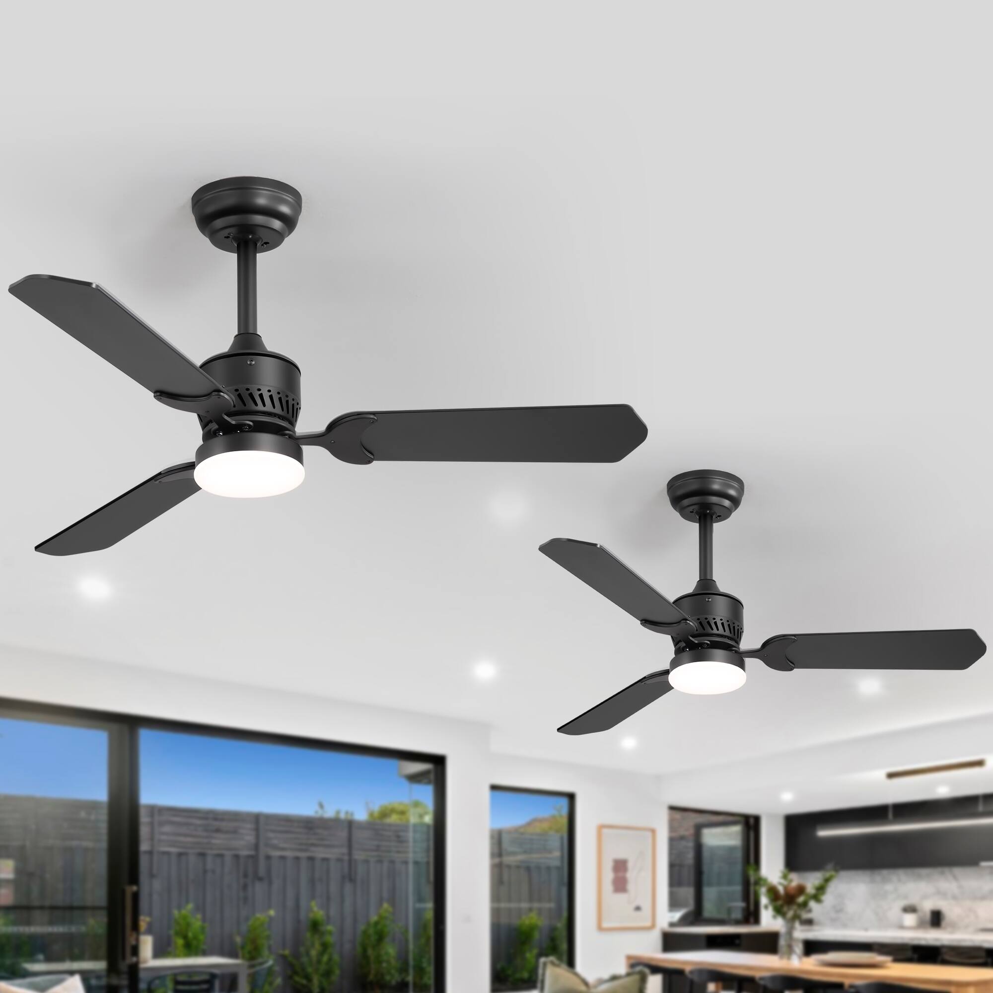 Front. Breezary - 42-In Traditional 2-Pack Ceiling Fan, 3 Plywood Blades, 2 Downrods, 6-Speed DC Motor, Remote Control and Timer - Matte Black and Deep Wood Grain.