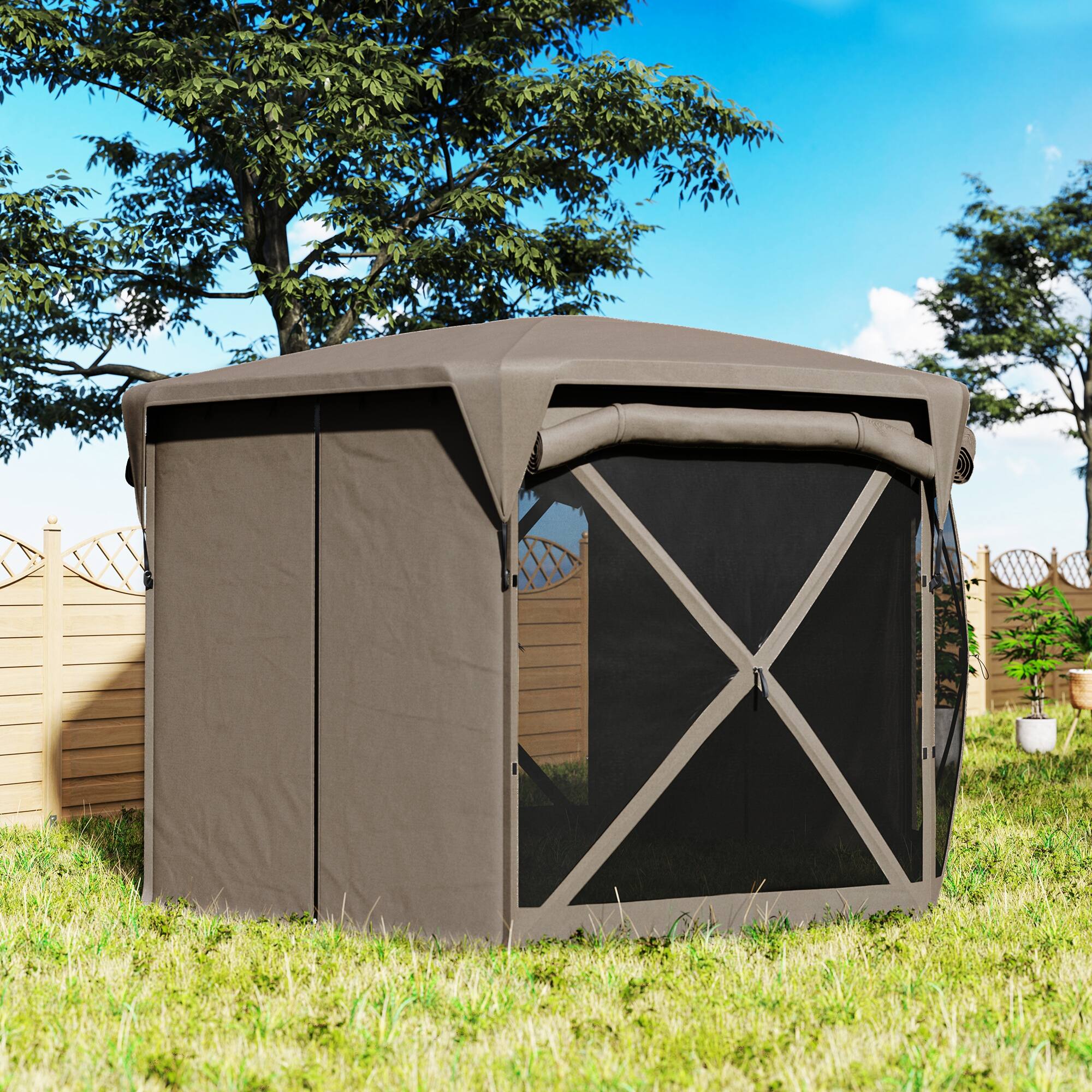 Alt View 5. Outsunny - Pop Up Gazebo Screen Tent House, 11 x 11ft with UPF30+ Removable Roof Cover, 4 Roll-up Wind Panels and Carry Bag - Brown.