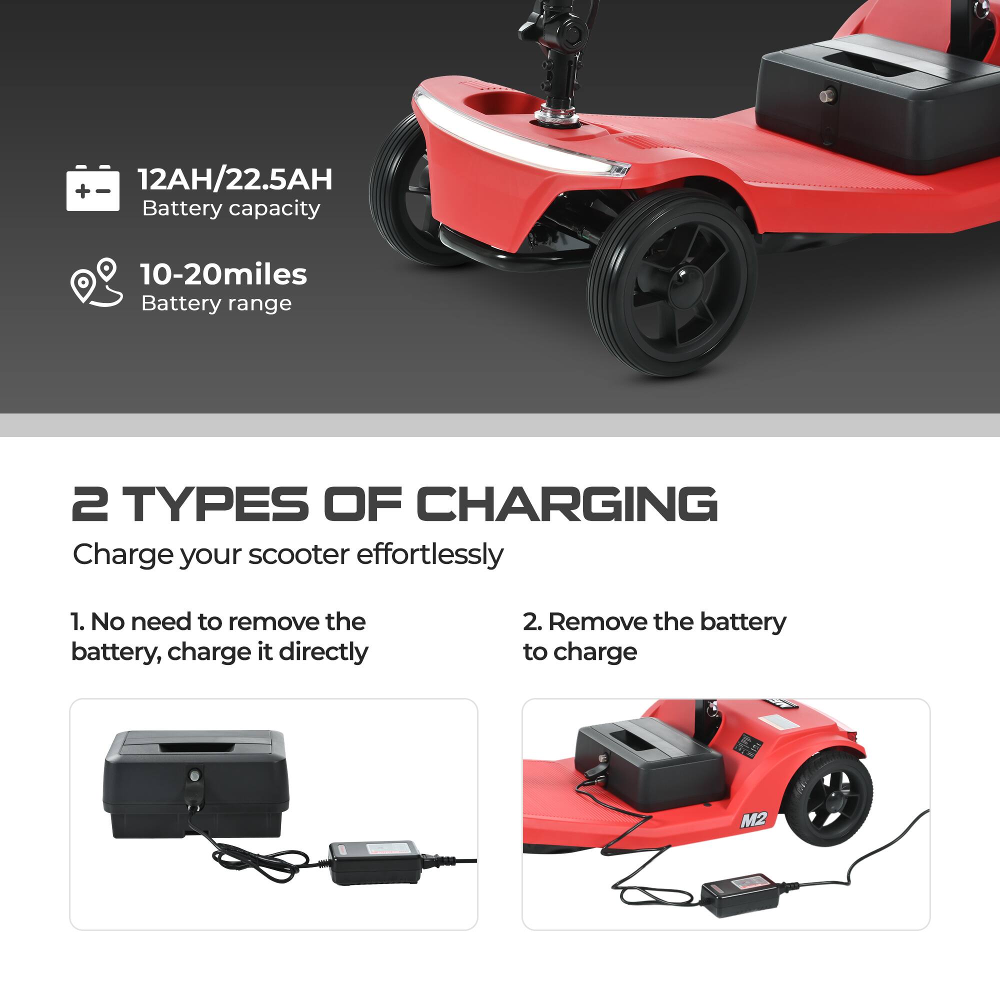 12AH/22.5AH Battery capacity  
10-20 miles Battery range  

2 TYPES OF CHARGING  
Charge your scooter effortlessly  
1. No need to remove the battery, charge it directly  
2. Remove the battery to charge