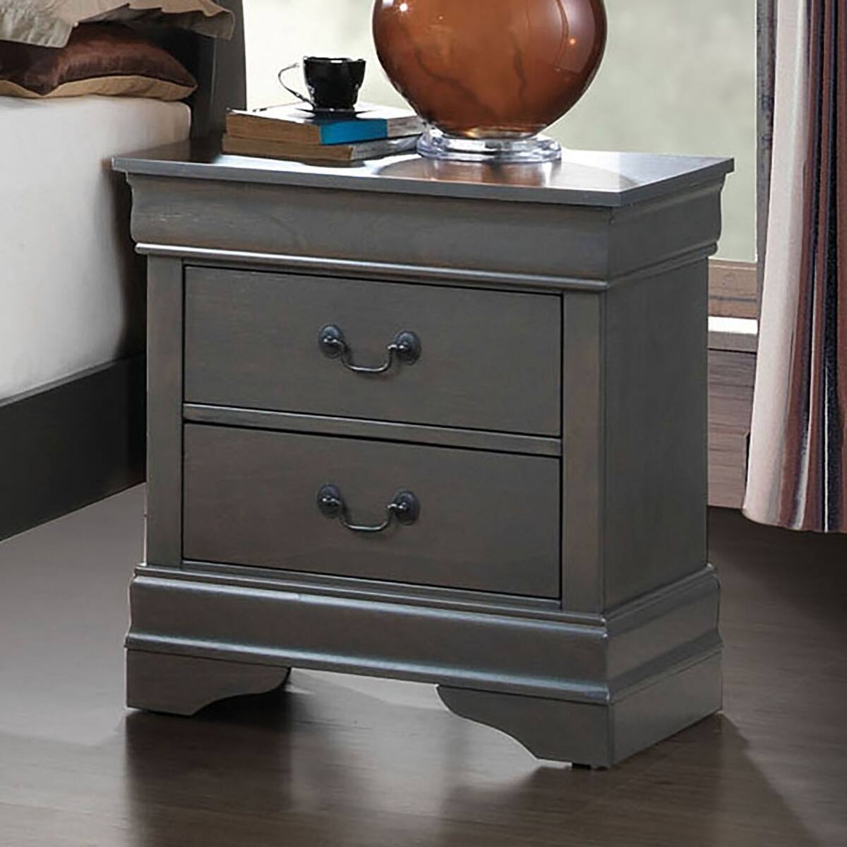 Angle. Loheer - Loheer Gray Solid Wood Nightstand, Two Drawer Bedside Table for Bedroom Storage - Gray.