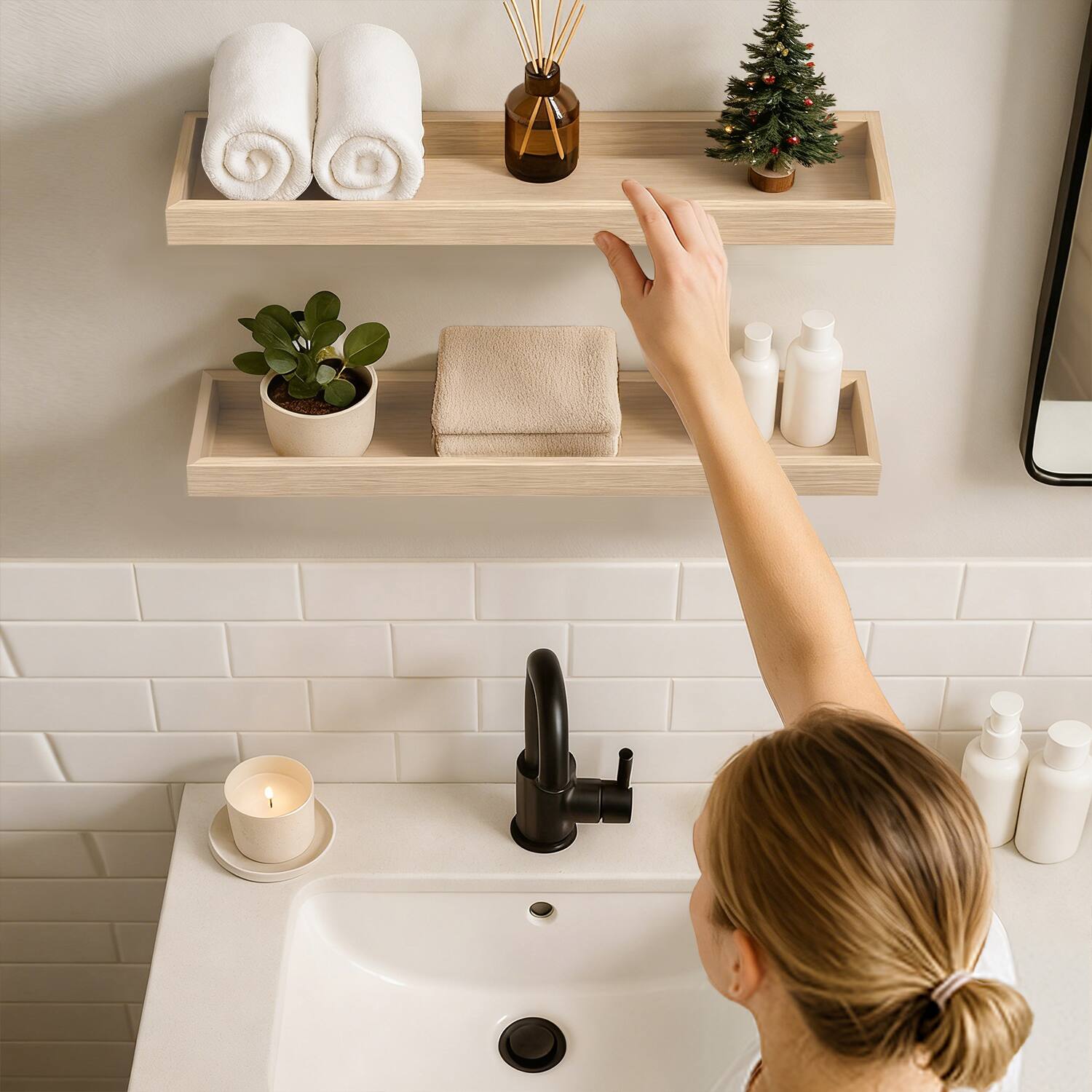 Alt View 4. BOMEDA - 2 Pack 24 in Floating Shelves, Wooden Wall Shelf for Bedroom Living Room Kitchen, Bathroom Shelves with Raised Lip - Oak.