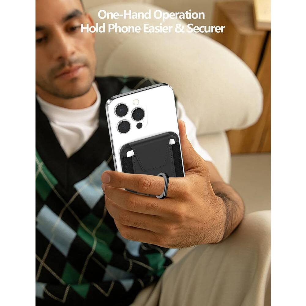 Back. PARKER SLATER - MagSafe Leather Wallet with 6-Card Holder for iPhone 17–12 (Black) - Black+Phone Grip.