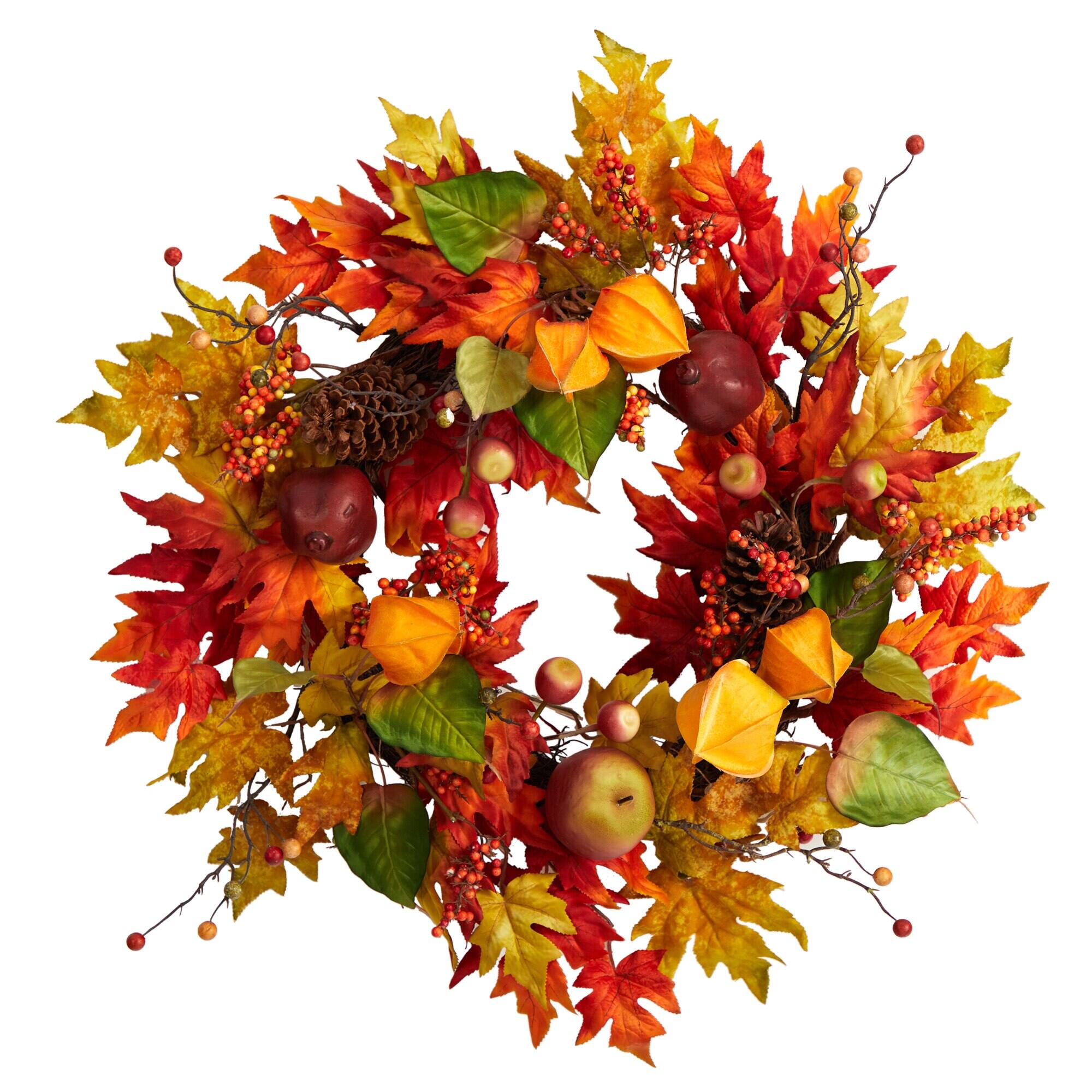 BreeBe - 24" Autumn Maple Leaf and Berries Fall Artificial Wreath - Green