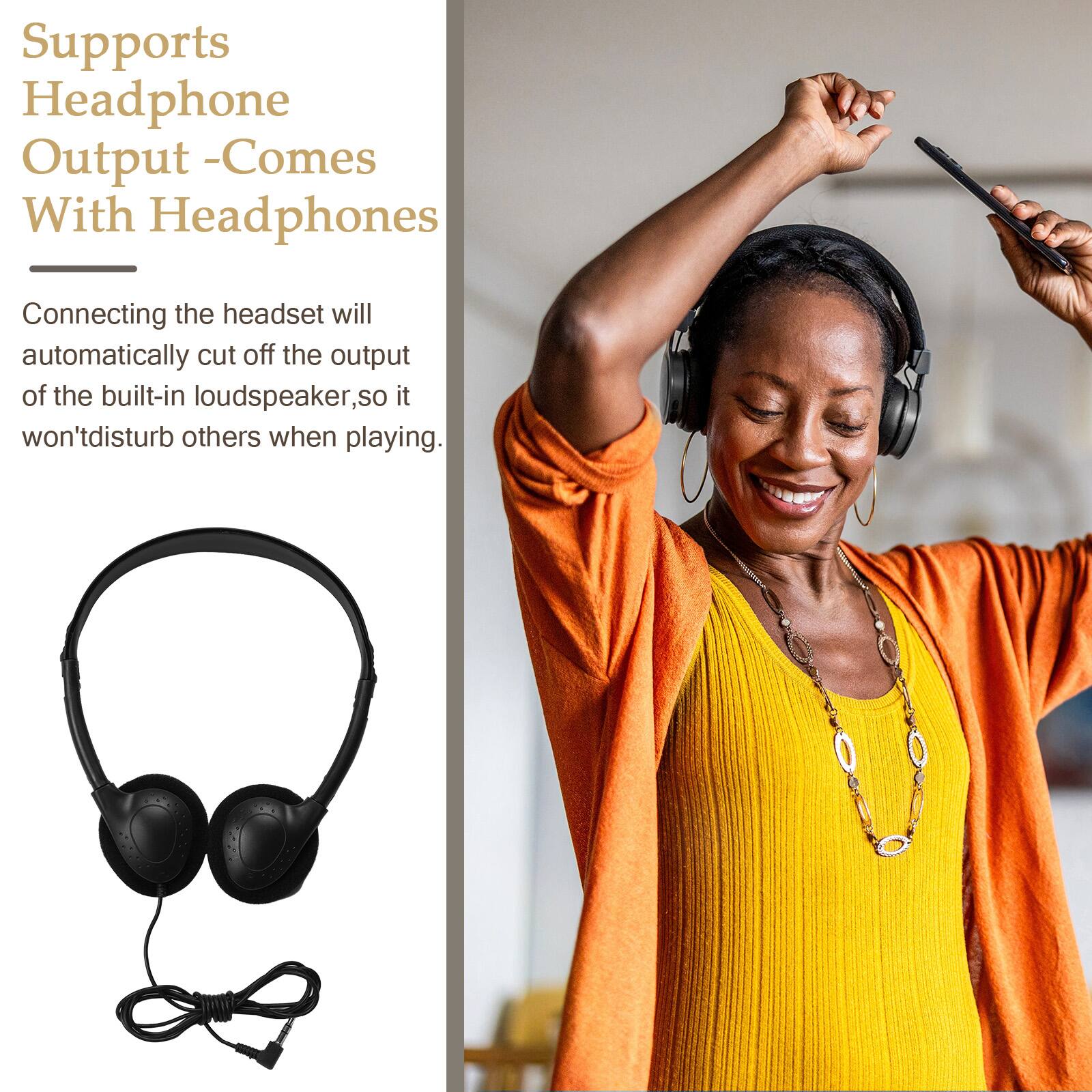 Supports Headphone Output - Comes With Headphones

Connecting the headset will automatically cut off the output of the built-in loudspeaker, so it won't disturb others when playing.