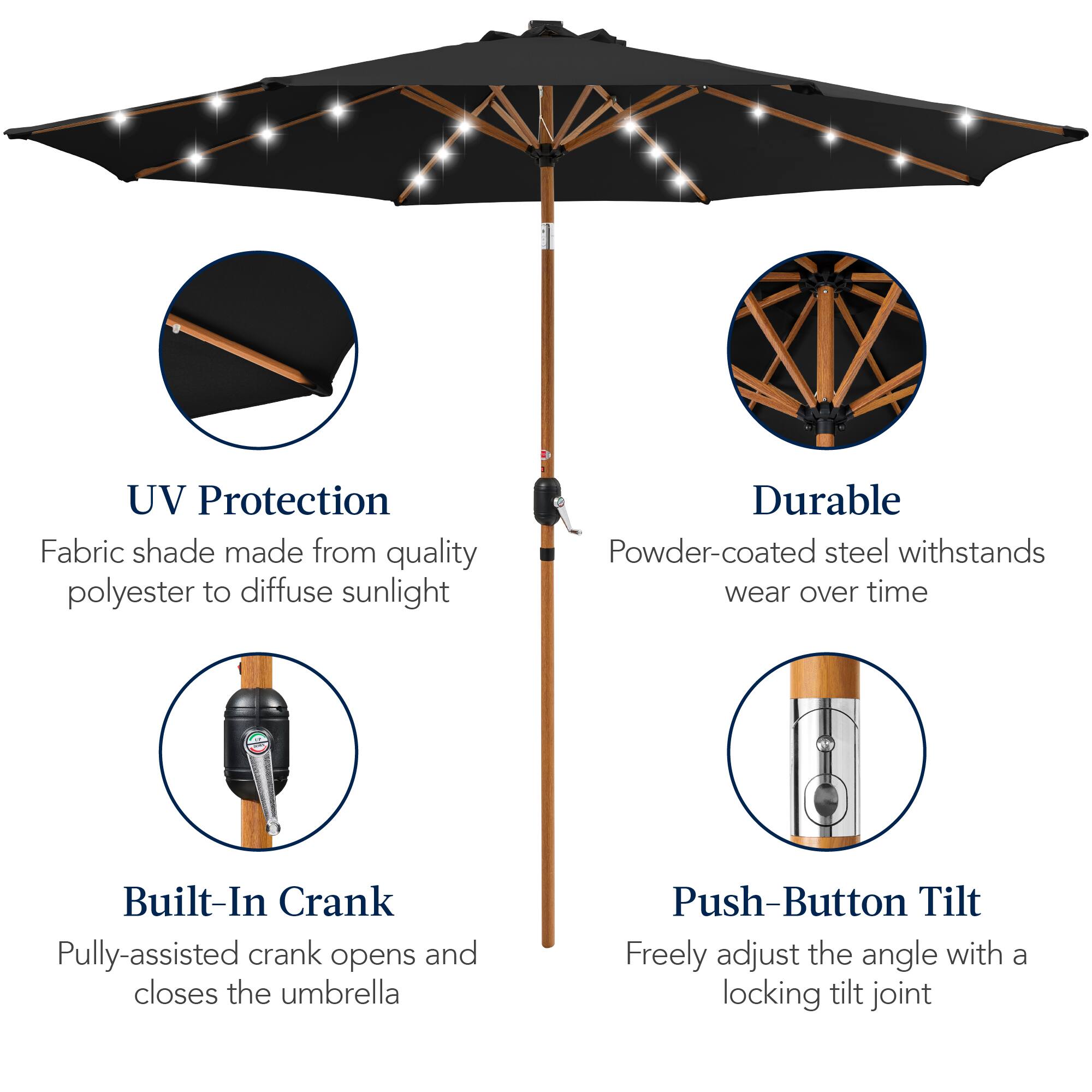 UV Protection  
Fabric shade made from quality polyester to diffuse sunlight  

Durable  
Powder-coated steel withstands wear over time  

Built-In Crank  
Pully-assisted crank opens and closes the umbrella  

Push-Button Tilt  
Freely adjust the angle with a locking tilt joint