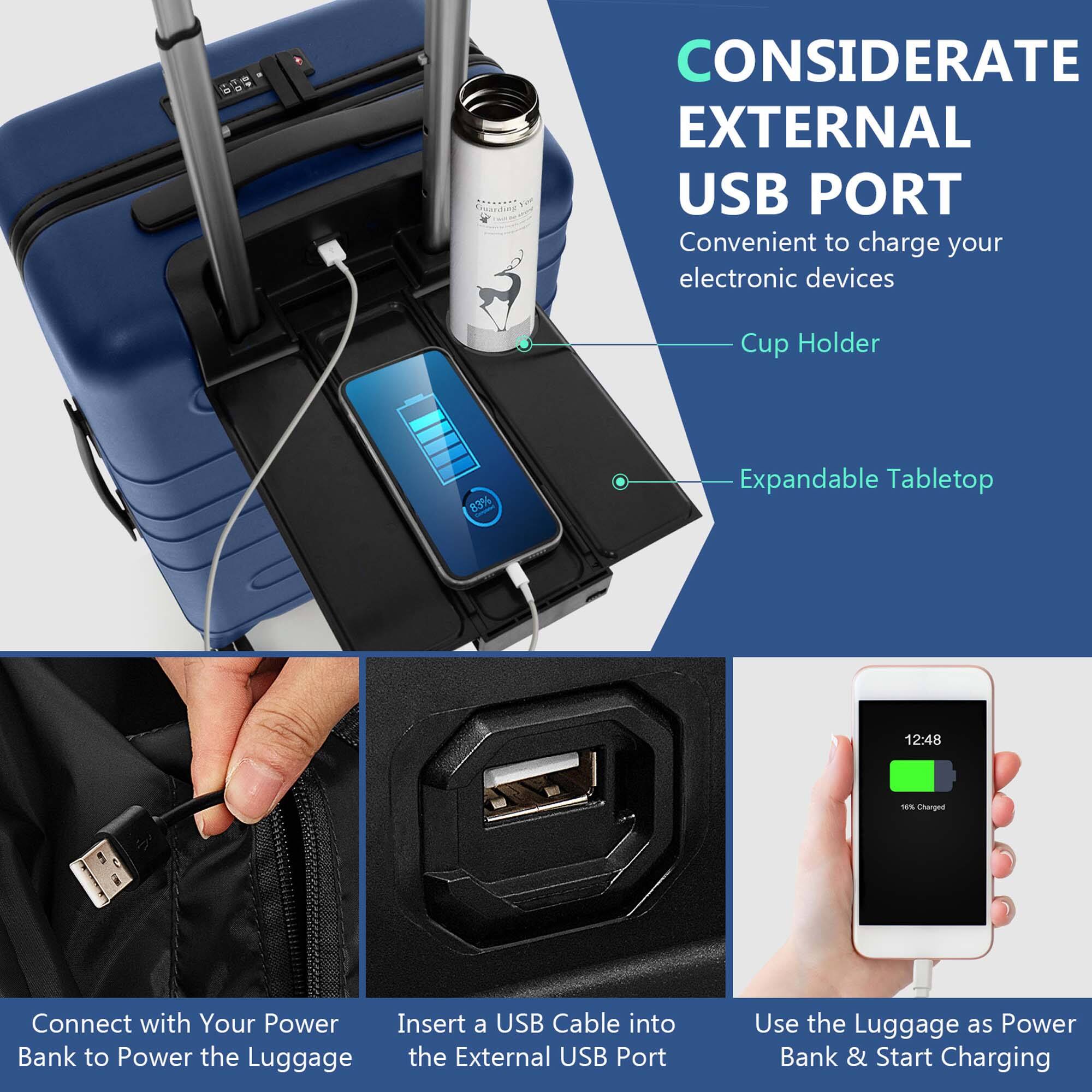 CONSIDERATE EXTERNAL USB PORT: Convenient to charge your electronic devices. Cup Holder. Expandable Tabletop. Connect with Your Power Bank & Start Charging.