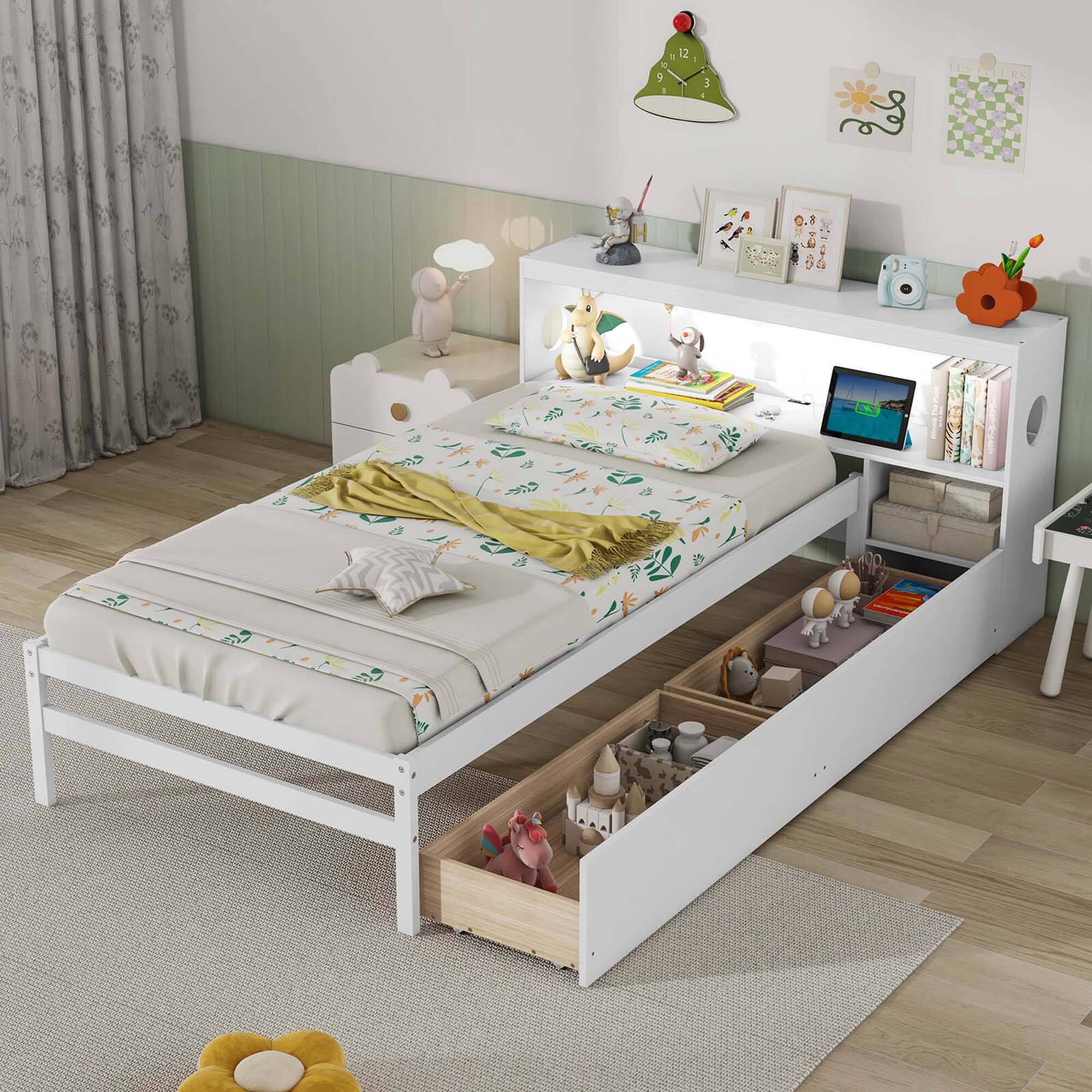 Angle. Costway - Twin Size Bed Frame with LED Light & Power Outlet Bookcase Headboard Drawers - White.