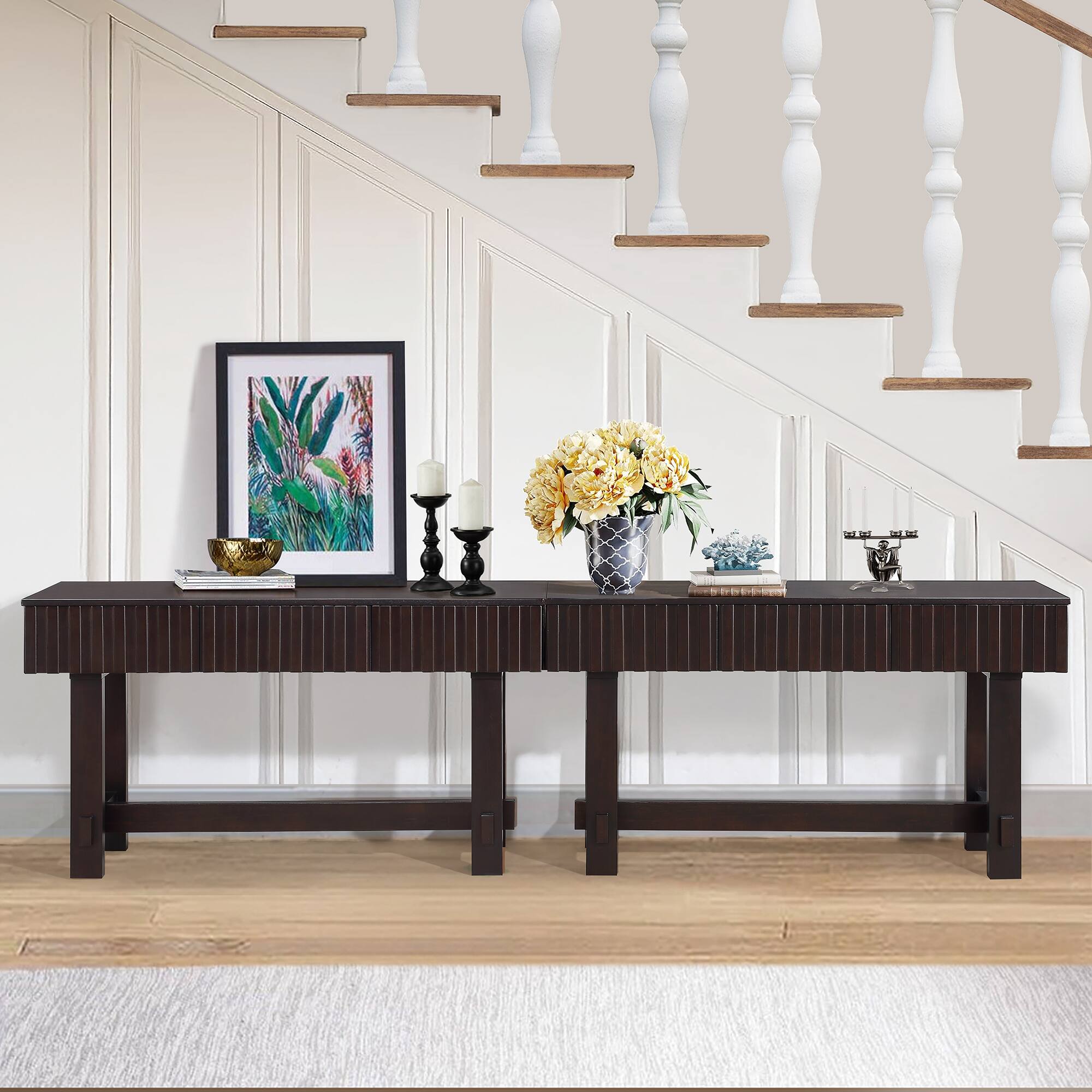 Left. GOODSILO - Modern Farmhouse Fluted Console Table with Storage Drawers - Solid Wood Legs, Versatile Entryway Sofa Table - Espresso.