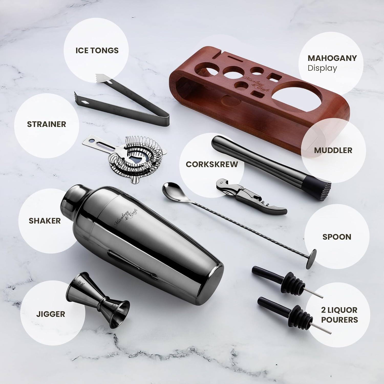 ICE TONGS  
STRAINER  
MAHOGANY Display  
CORKSCREW  
SHAKER  
JIGGER  
MUDDLER  
SPOON  
2 LIQUOR POURERS