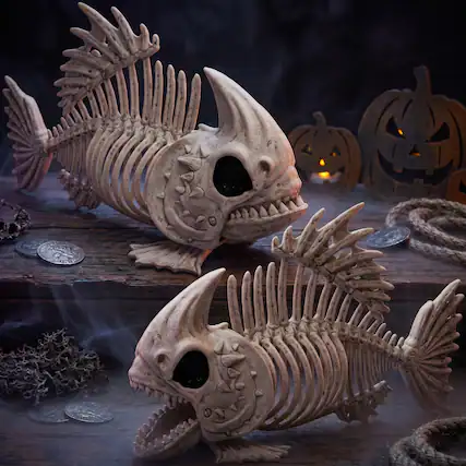 Front. Joyfy - 2 PCS 9.5" Halloween Fish Skeleton Decorations Plastic Fish Bone Indoor Outdoor Decor Party Favors Haunted House Props - White.