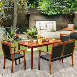 Gymax - 4PCS Patio Dining Set Acacia Wood Rattan Furniture Set w/ Umbrella Hole - Mix Brown