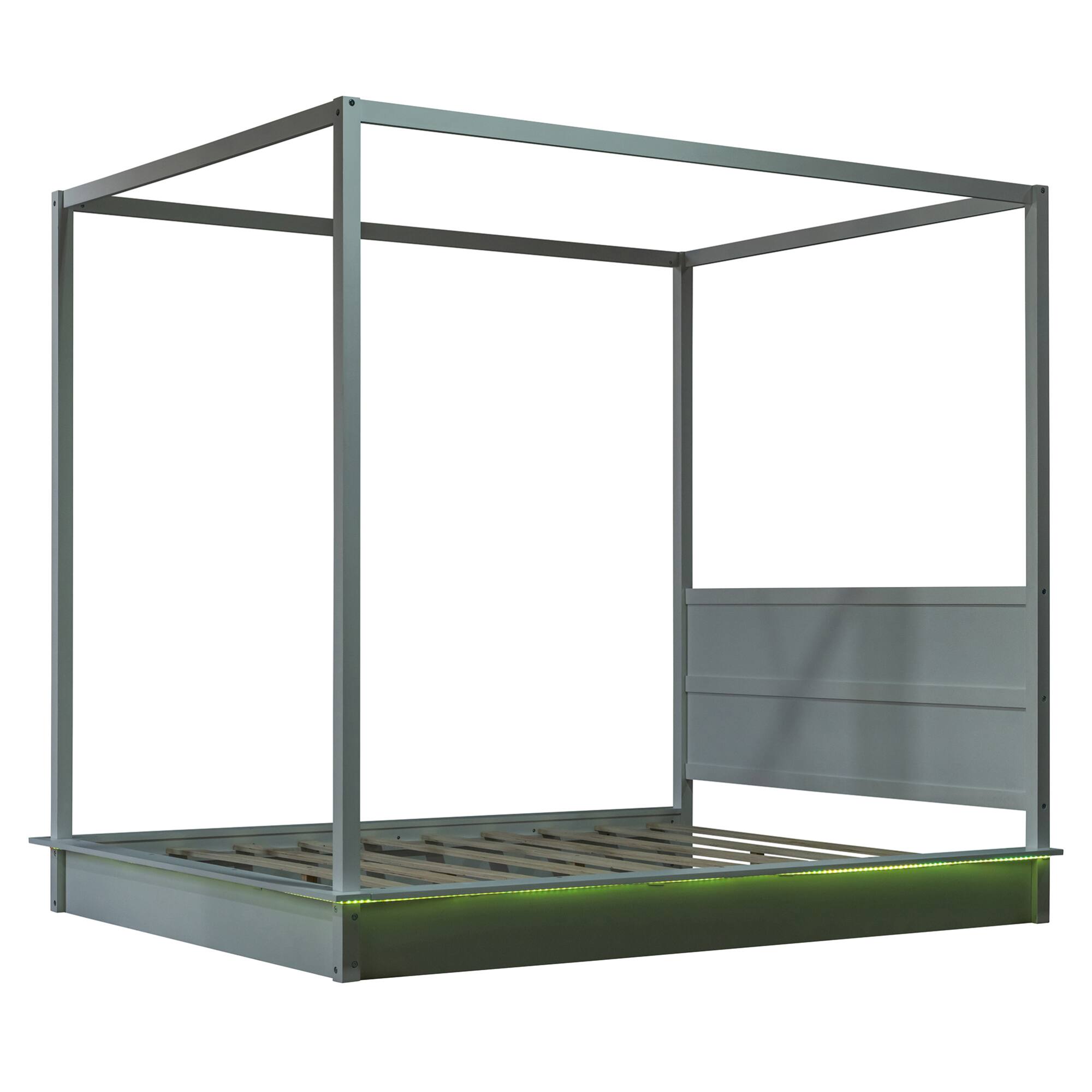 Alt View 9. GOODSILO - Queen Size Wooden LED Canopy Platform Bed with Support Slats, No Box Spring Needed, Modern Design - White.