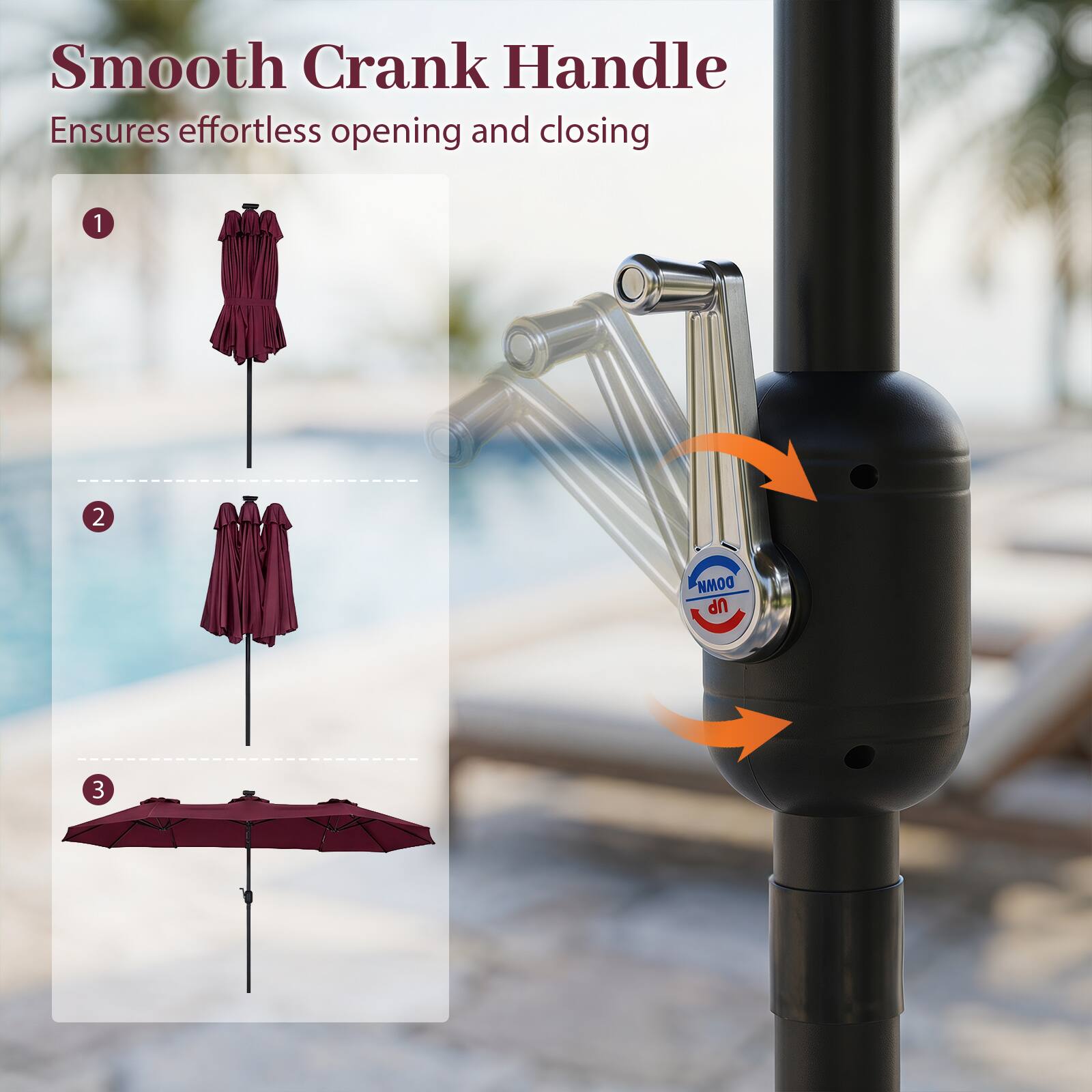 Smooth Crank Handle Ensures effortless opening and closing

1. DOWN
2. UP
3.