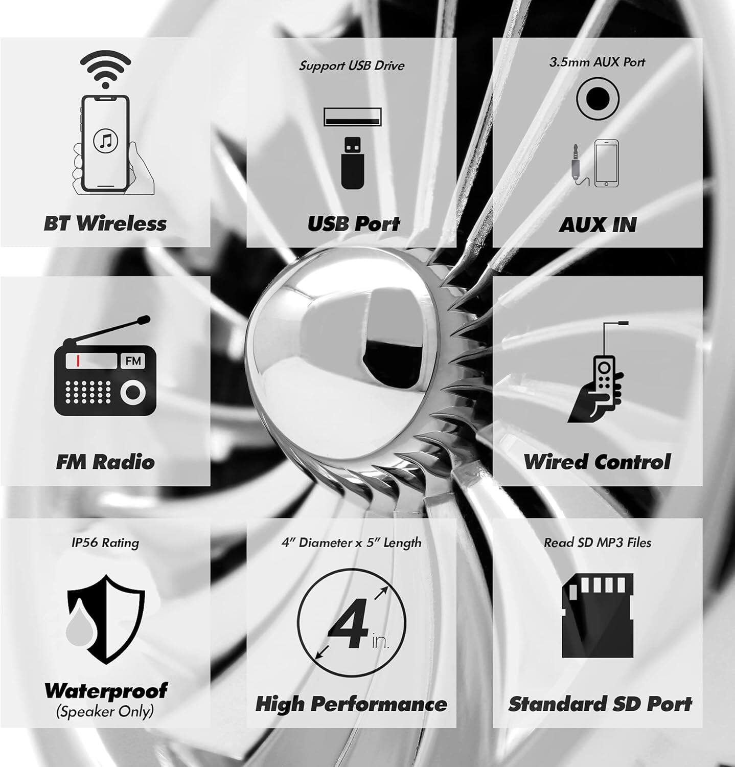 - Support USB Drive
- 3.5mm AUX Port
- BT Wireless
- USB Port
- AUX IN
- FM Radio
- Wired Control
- IP56 Rating
- 4" Diameter x 5" Length
- Waterproof (Speaker Only)
- Read SD MP3 Files
- Standard SD Port
- High Performance