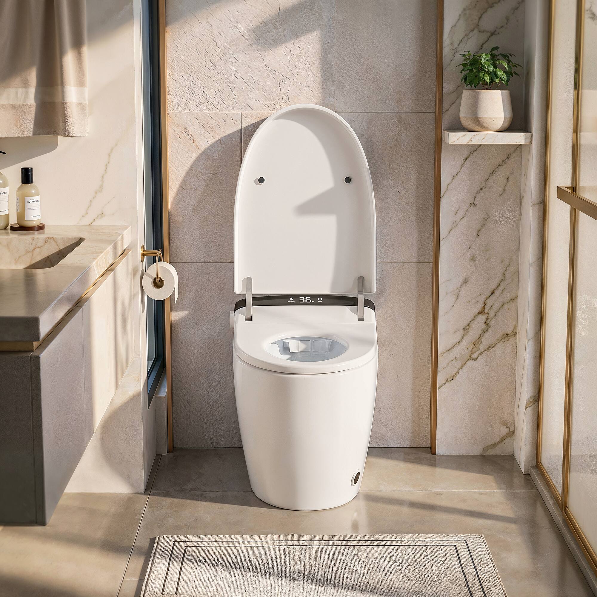 Angle. TOTTE - Ceramic Smart Toilet with Bidet Wash, Heated Seat, Warm Air Dryer, Remote and Foot-Sensor Flush - White.