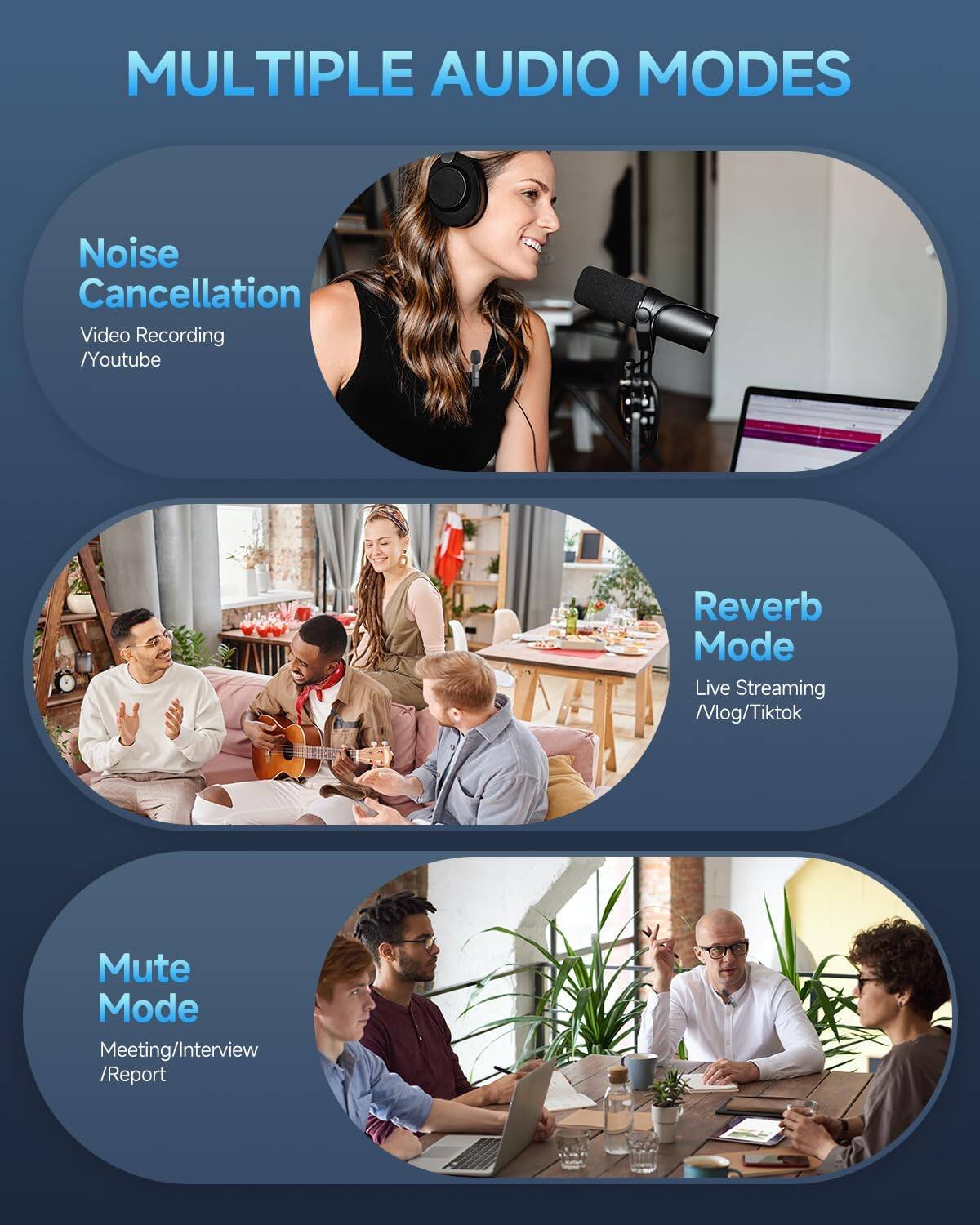 MULTIPLE AUDIO MODES

Noise Cancellation
Video Recording / Youtube

Reverb Mode
Live Streaming / Vlog / Tiktok

Mute Mode
Meeting / Interview / Report
