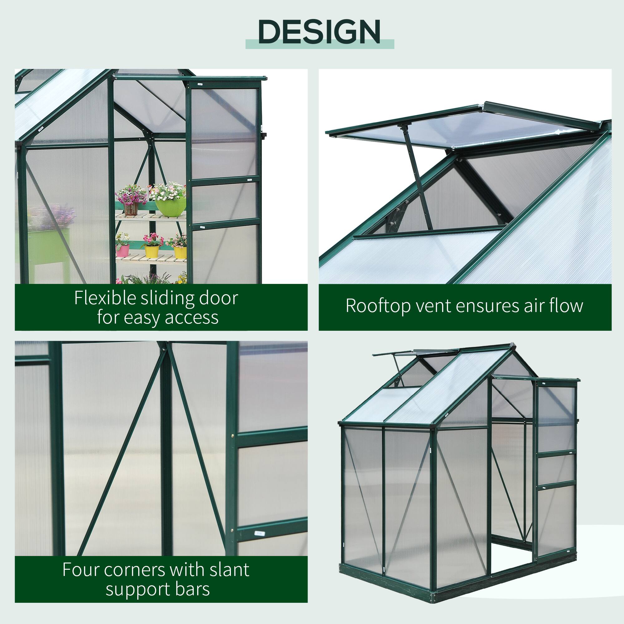 DESIGN

Flexible sliding door for easy access
Rooftop vent ensures air flow
Four corners with slant support bars