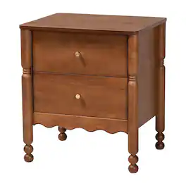 Baxton Studio - Hoffman Nightstand - 2-Drawer Bedside Table with Scalloped Apron and Turned Legs for Bedroom - Walnut Brown