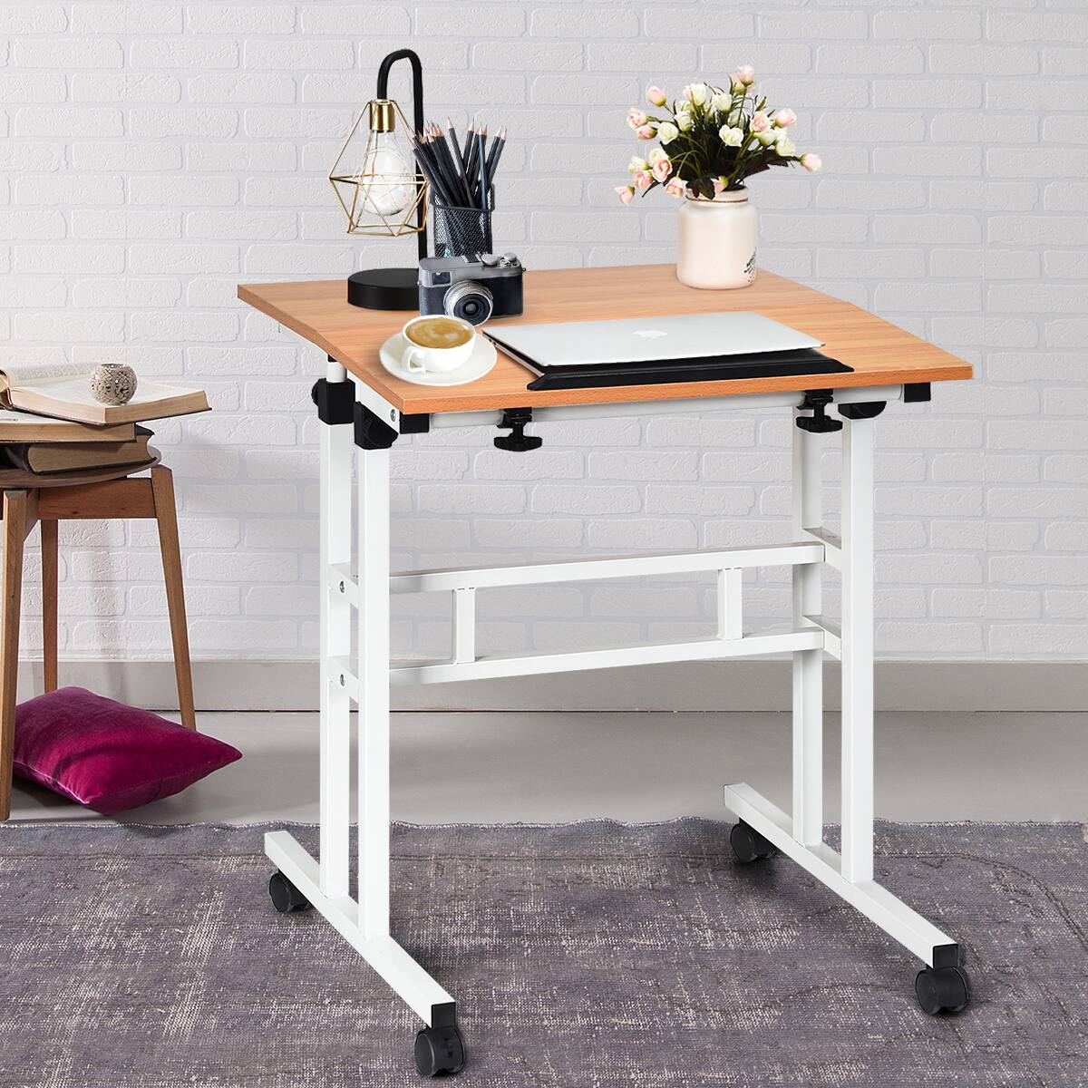 Alt View 11. Costway - 2-in-1 Sit to Stand Laptop Desk - White/Natural.