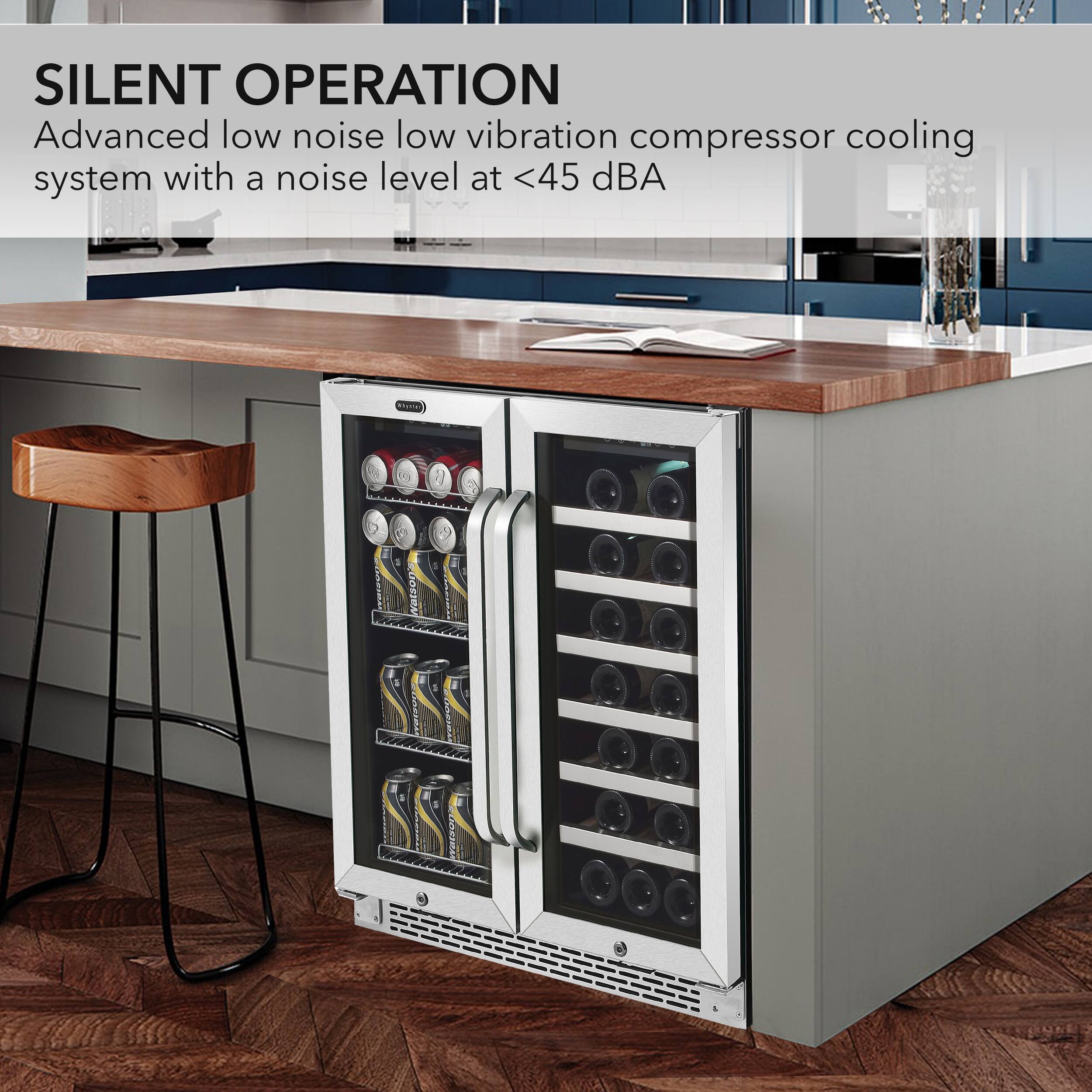 Left. Whynter - 30″ Built-In French Door Dual Zone 33 Bottle Wine Refrigerator 88 Can Beverage Center - Stainless steel.
