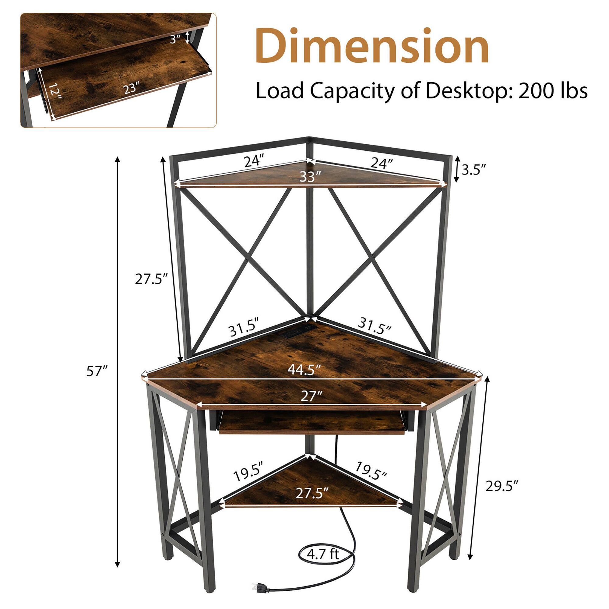 Dimension

1. Load Capacity of Desktop: 200 lbs
2. 24" 33" 24" 3.5"
3. 27.5" 31.5" 31.5" 57"
4. 44.5" 27" 19.5" 27.5" 19.5" 29.5"
5. 4.7 ft