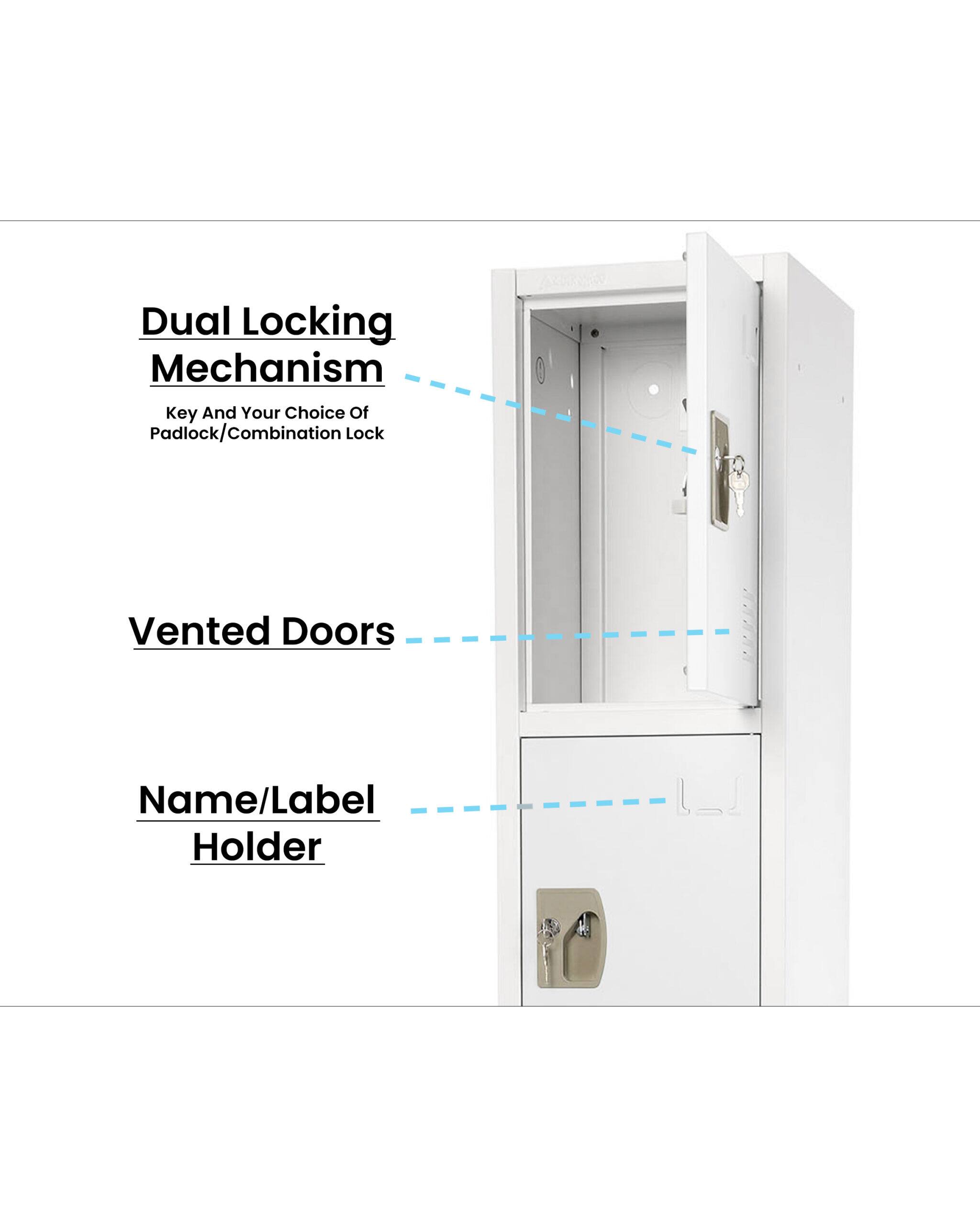 Dual Locking Mechanism: Key And Your Choice Of Padlock/Combination Lock
Vented Doors
Name/Label Holder