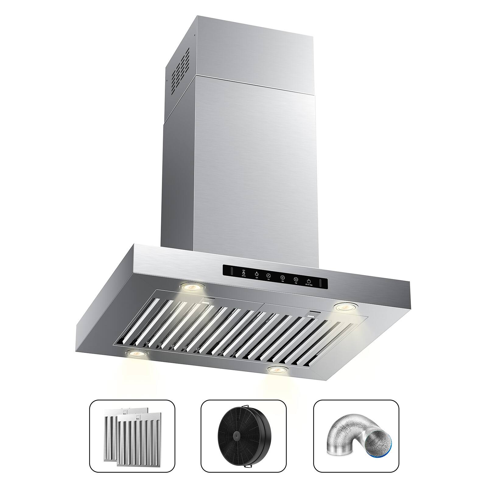 Angle. VIKIO - 30 inch Ducted 700-CFM Stainless steel Island Range Hood with Charcoal Filter - Stainless steel.
