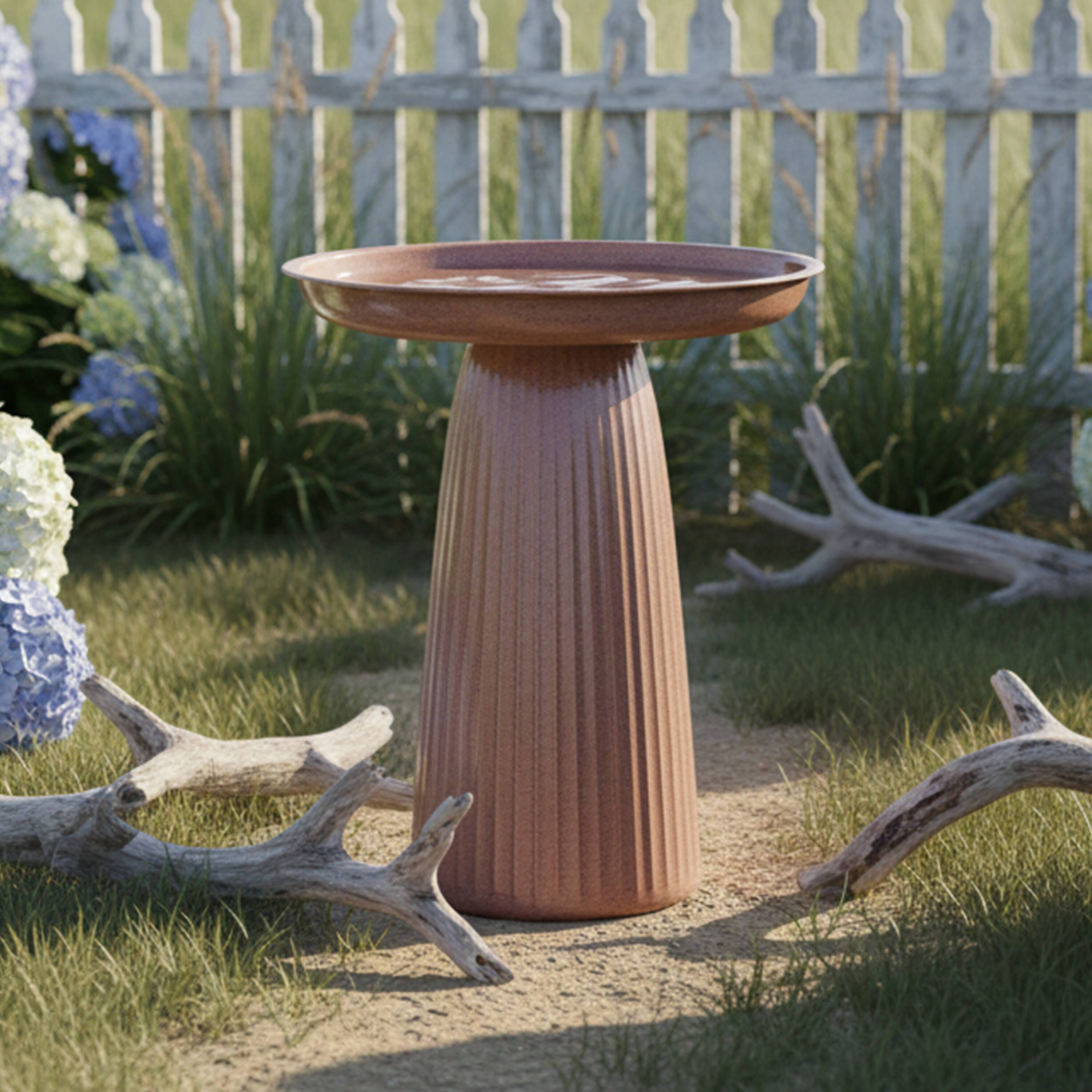 Alt View 7. Sunnydaze - Gleeful Garden Metal Outdoor Bird Bath - Canyon Clay Glaze.
