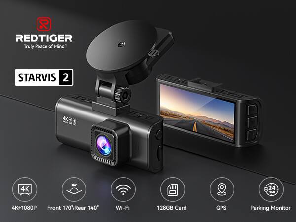 REDTIGER  
Truly Peace of Mind  
STARVIS 2  
4K+1080P  
Front 170°/Rear 140°  
Wi-Fi  
128GB Card  
GPS  
Parking Monitor