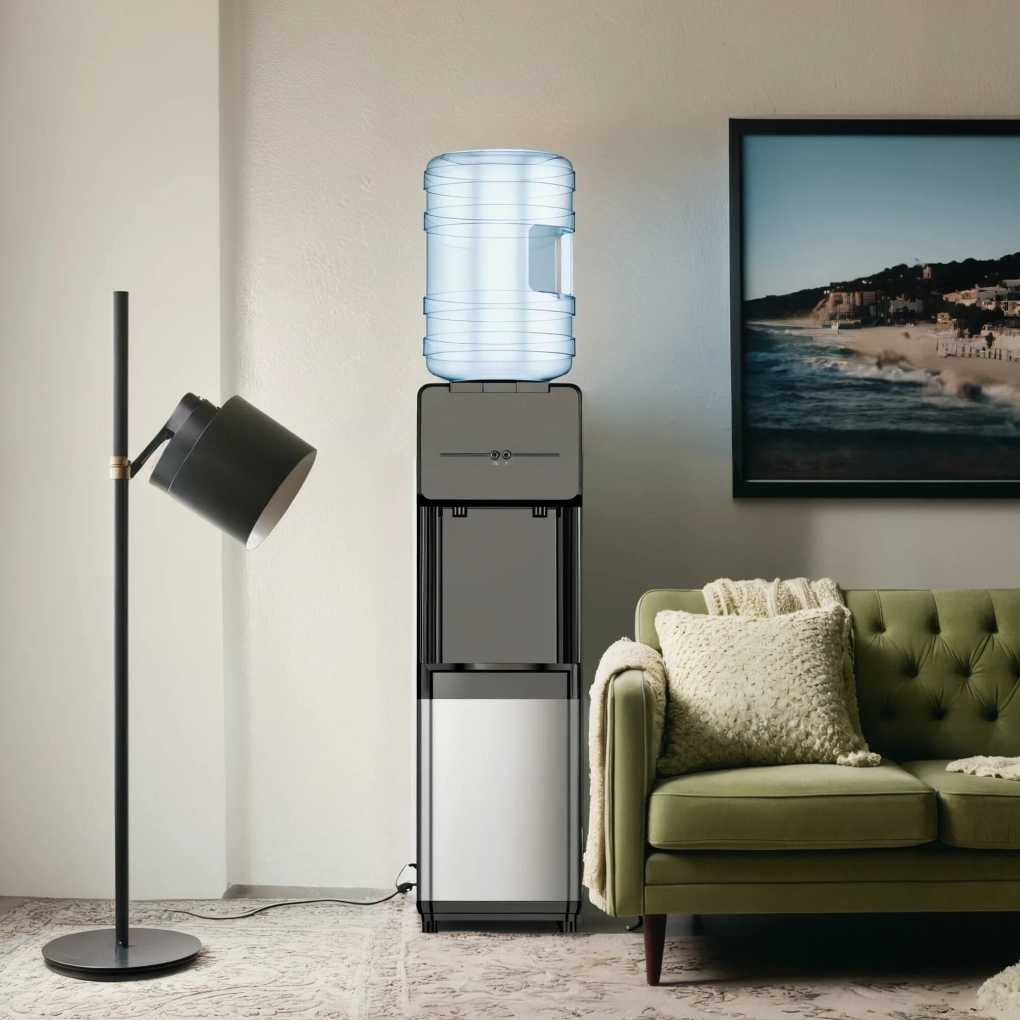 Alt View 3. SIMZLIFE - Top Loading Water Dispenser (Hot & Cold) - Fits 3 or 5 Gallon Bottles, Features Child Safety Lock, Ideal for Home Kitche - Black silver color scheme.