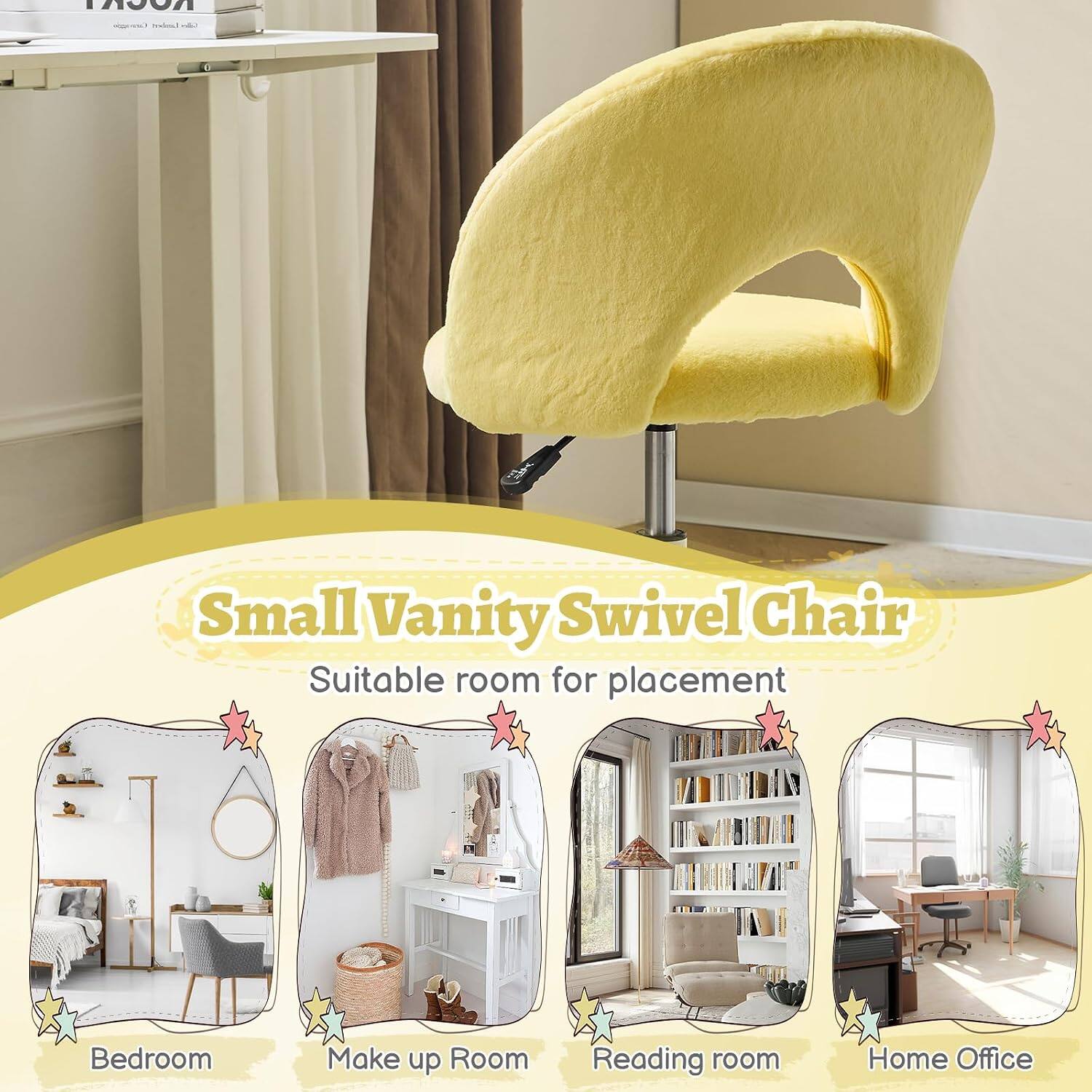 1100A - kadd  
Small Vanity Swivel Chair  
Suitable room for placement:  
- Bedroom  
- Make up Room  
- Reading room  
- Home Office