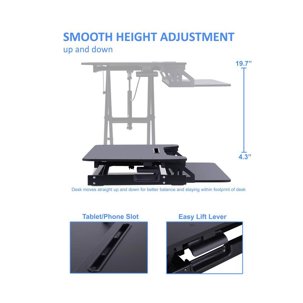 SMOOTH HEIGHT ADJUSTMENT  
up and down  

Desk moves straight up and down for better balance and staying within footprint of desk  

Tablet/Phone Slot  

Easy Lift Lever  

19.7"  
4.3"