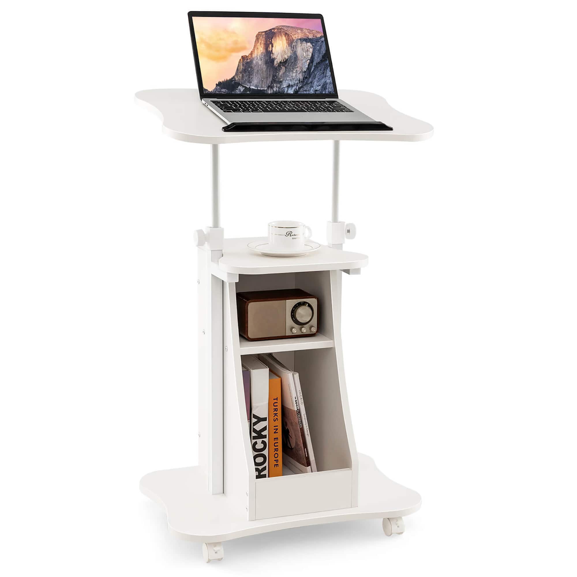 Gymax - Sit-to-Stand Laptop Desk Cart Rolling Mobile Height Adjustable w/ Storage - White