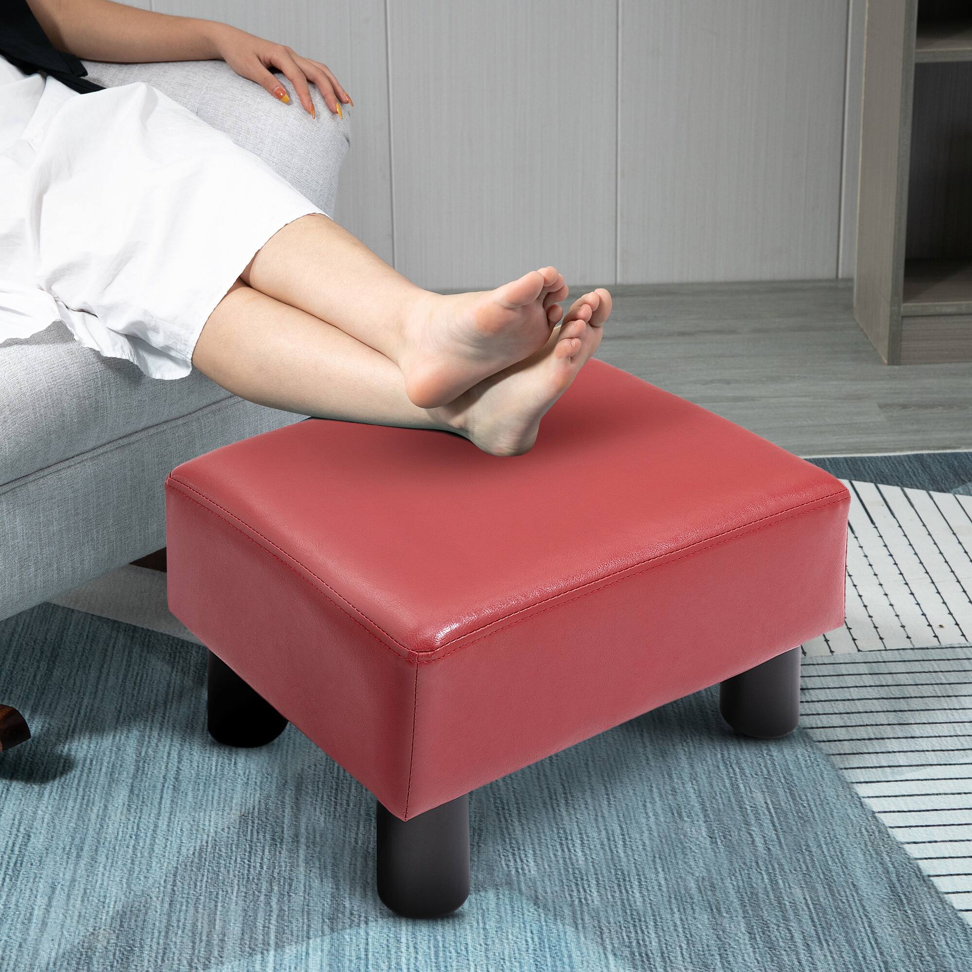 Angle. Homcom - Ottoman Foot Rest, Small Foot Stool with Faux Leather Upholstery, Rectangular Ottoman Footrest - Red.